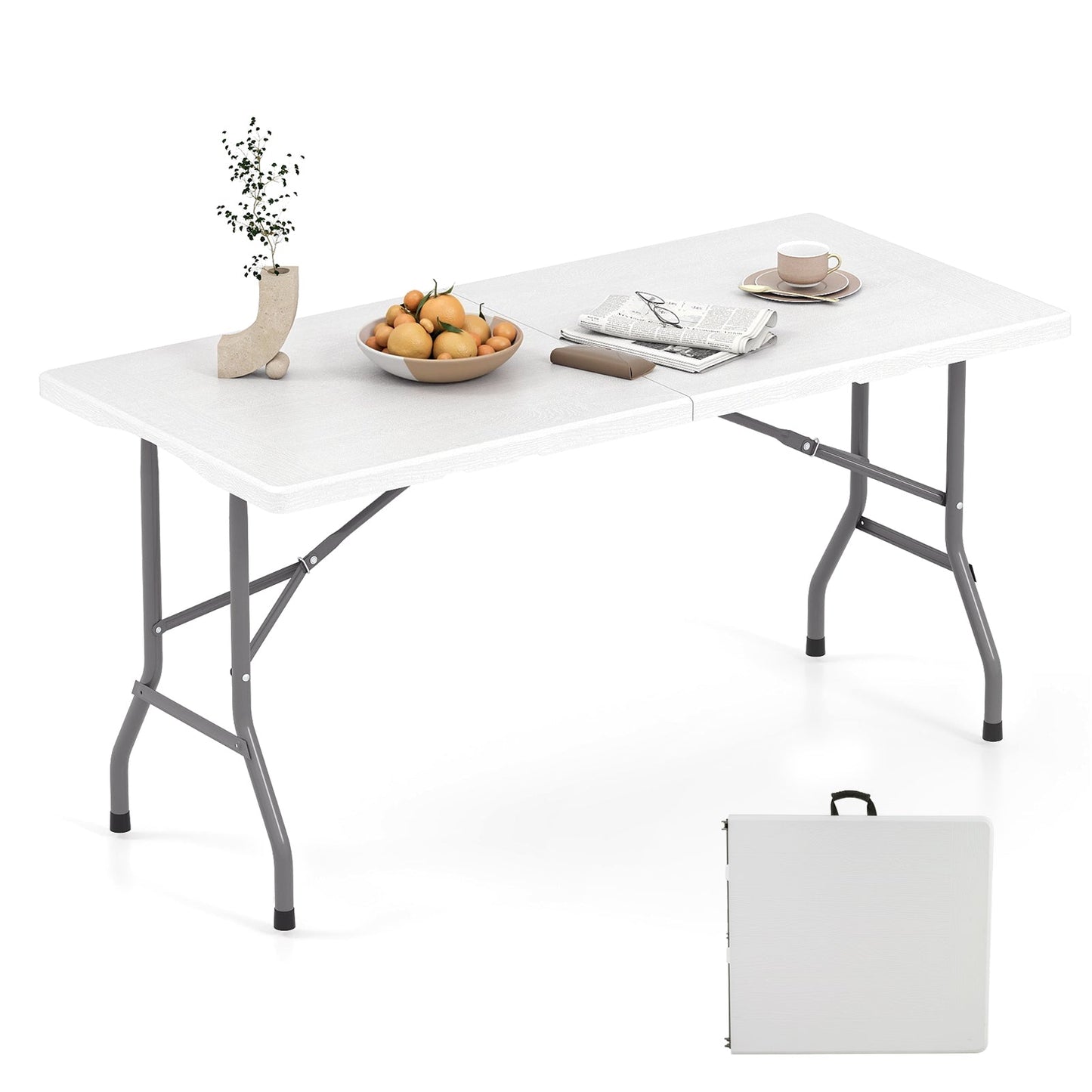 5FT Folding Picnic Table with Wood Grain HDPE Tabletop and Non-slip Foot Pads