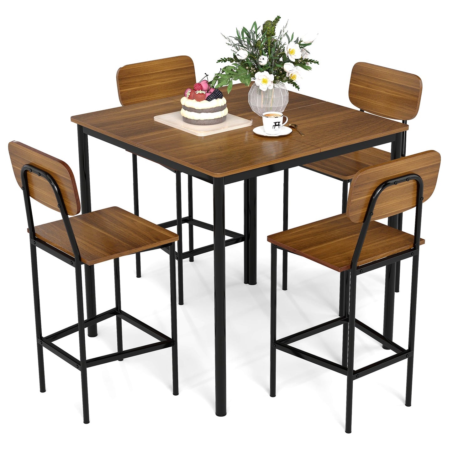 5 Pieces Industrial Dining Table Set with Counter Height Table and 4 Bar Stools-Coffee
