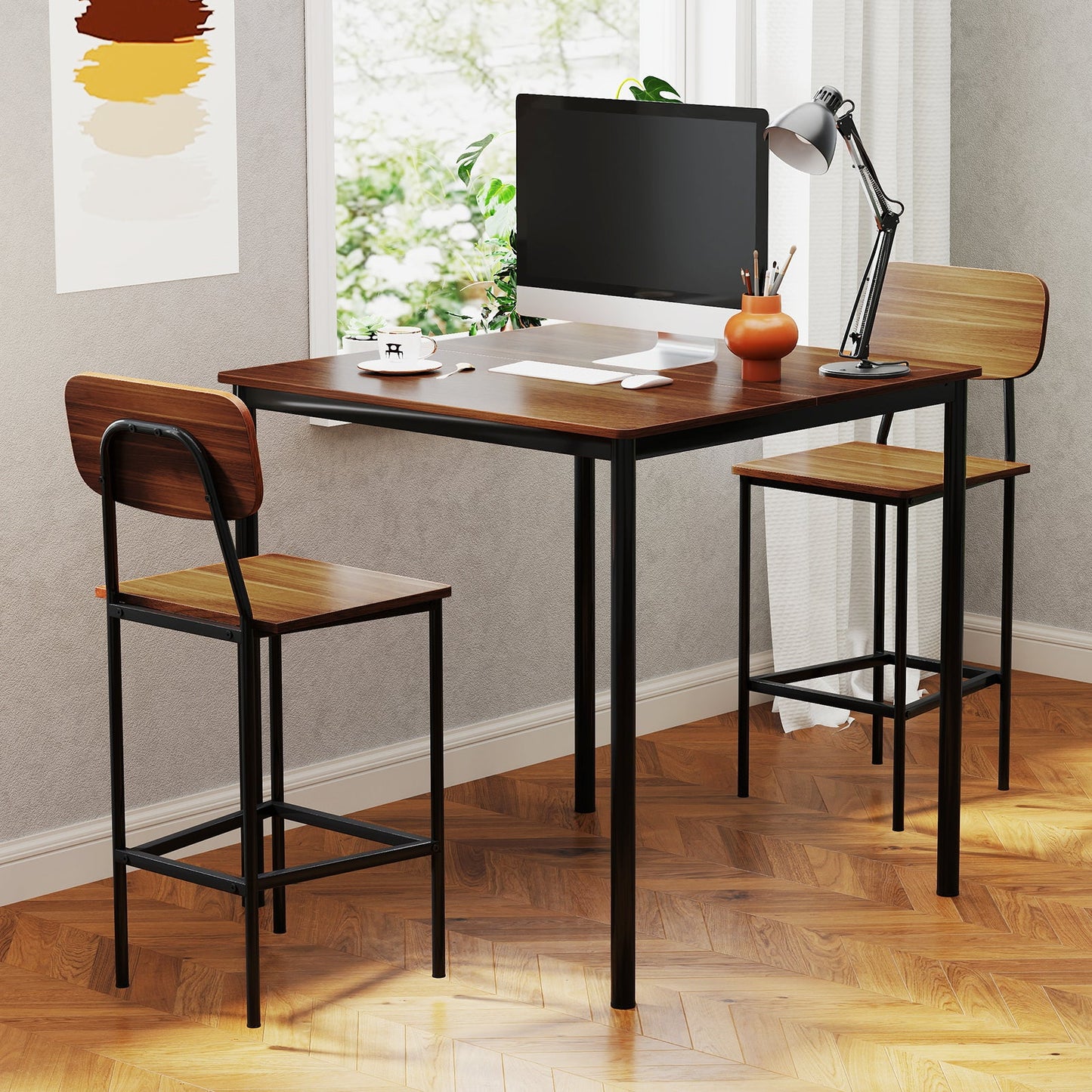 5 Pieces Industrial Dining Table Set with Counter Height Table and 4 Bar Stools-Coffee