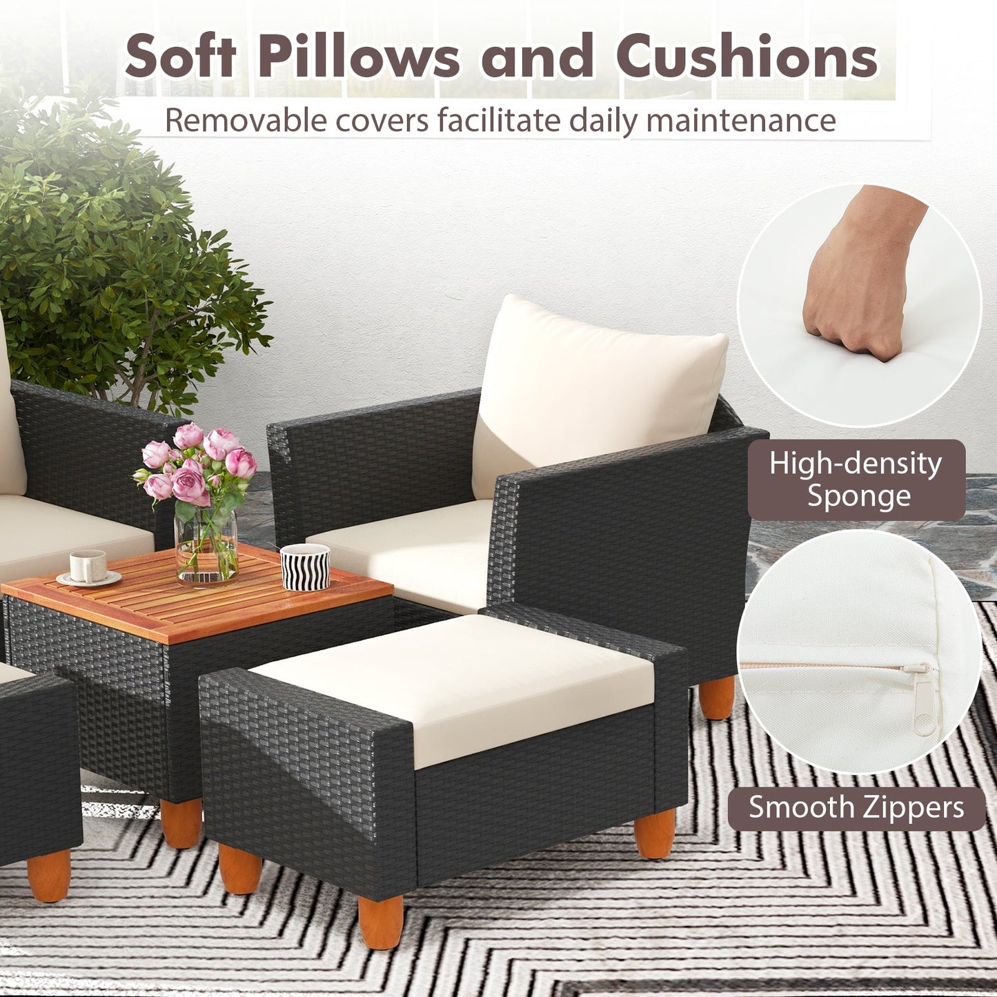 5 Pieces Patio Furniture Set with Loveseat and Armchairs for Porch-White