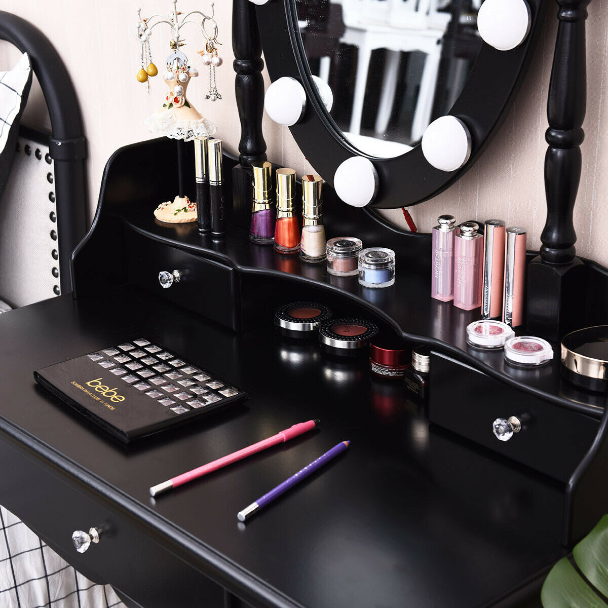 Oval Mirror Vanity Set with 10 LED Dimmable Bulbs and 3 Drawers