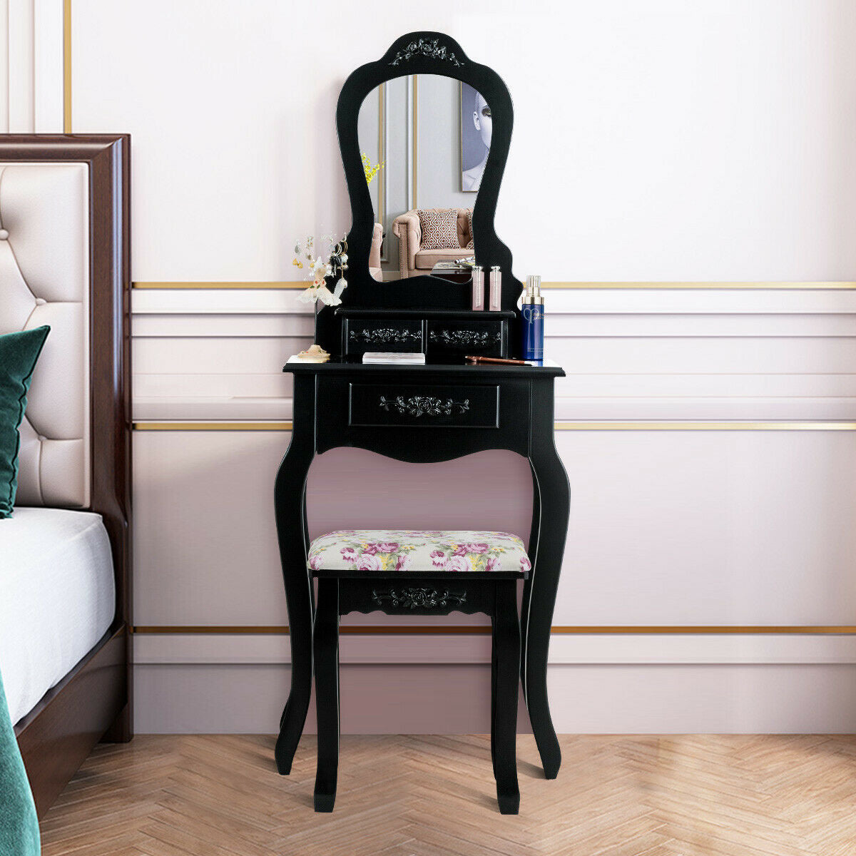 Makeup Dressing Table and Bench 3 Drawers and Cushioned Stool for Girls