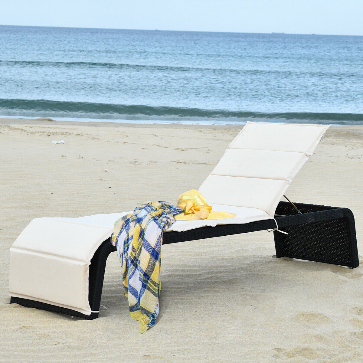 Patio Rattan Lounge Chair Back Adjustable Chaise Recliner with Cushioned