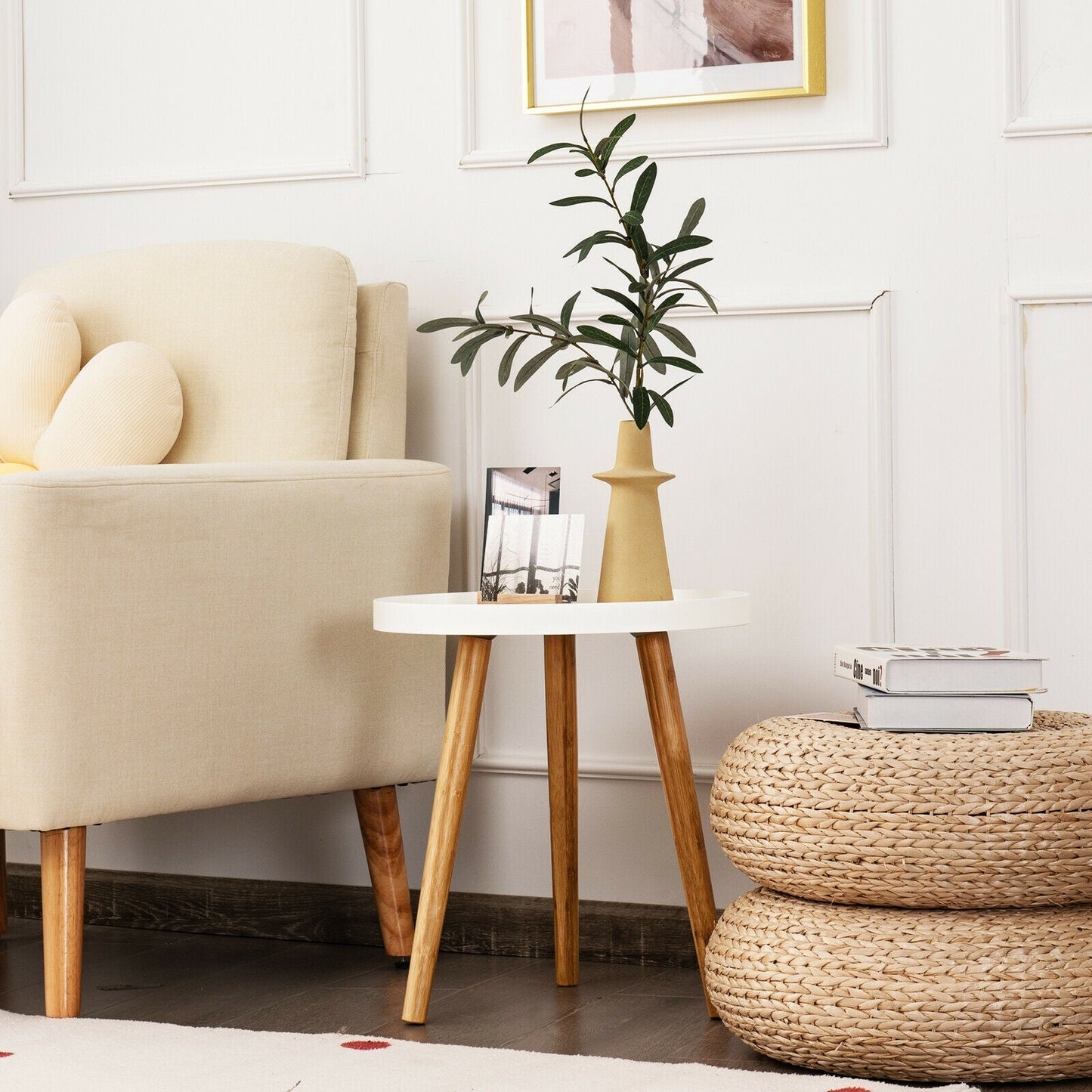 Mid Century Modern Round Side Sofa Coffee Table with Wooden Tray