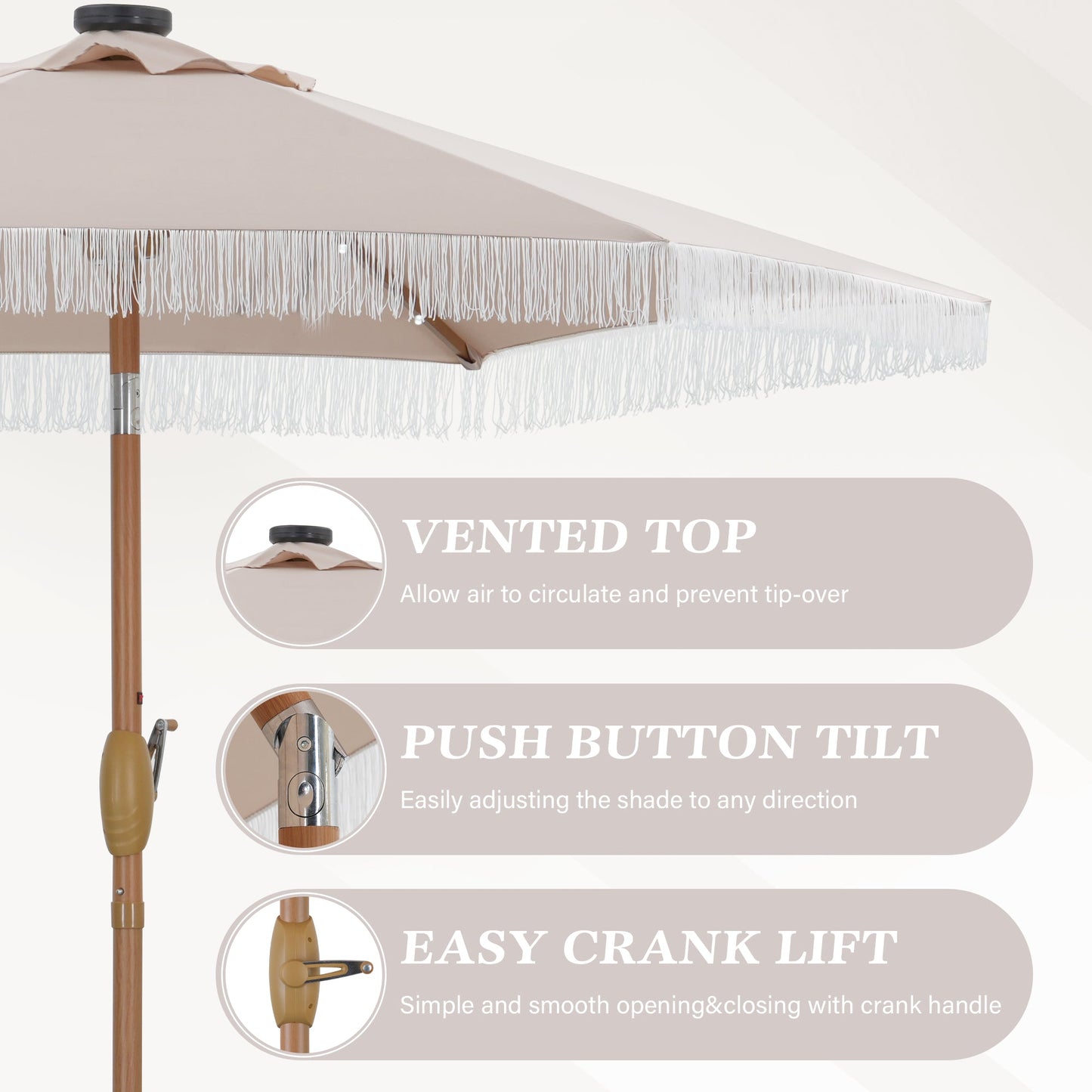 Ainfox 7.5ft Boho Fringe Patio Umbrella with Solar LED Lights, UV Protected Outdoor Umbrella
