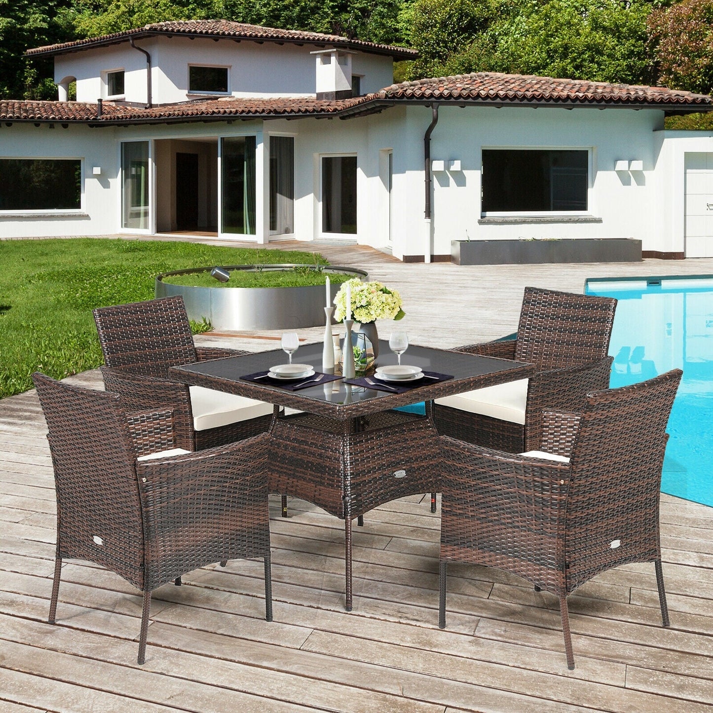 5 Pieces Patio Rattan Dining Furniture Set with Arm Chair and Wooden Table Top