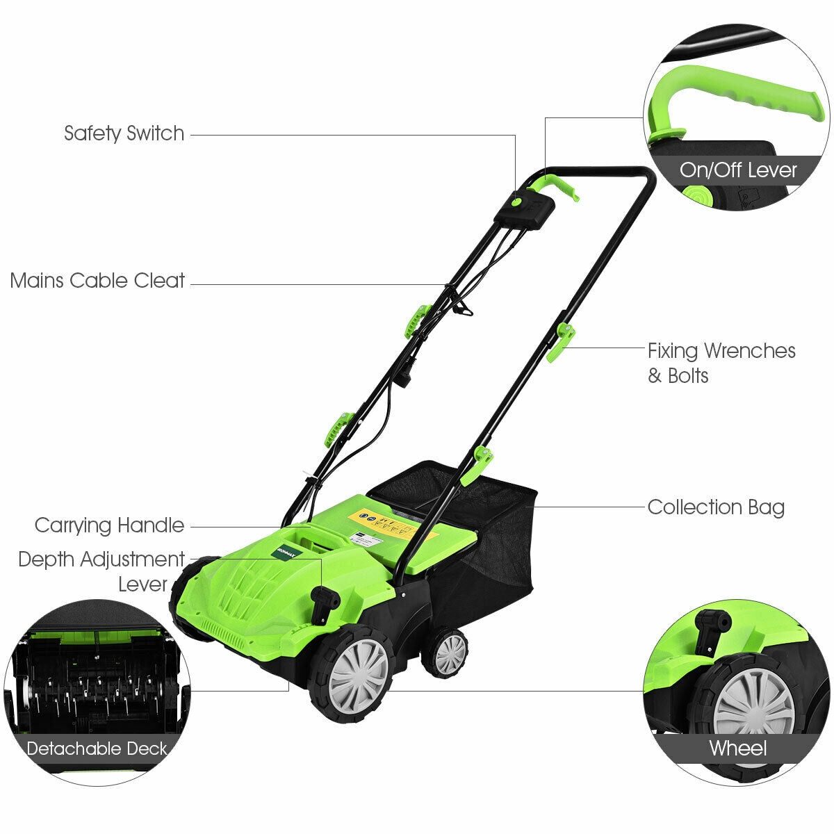 13 Inch 12 Amp Electric Scarifier with Collection Bag and Removable Blades