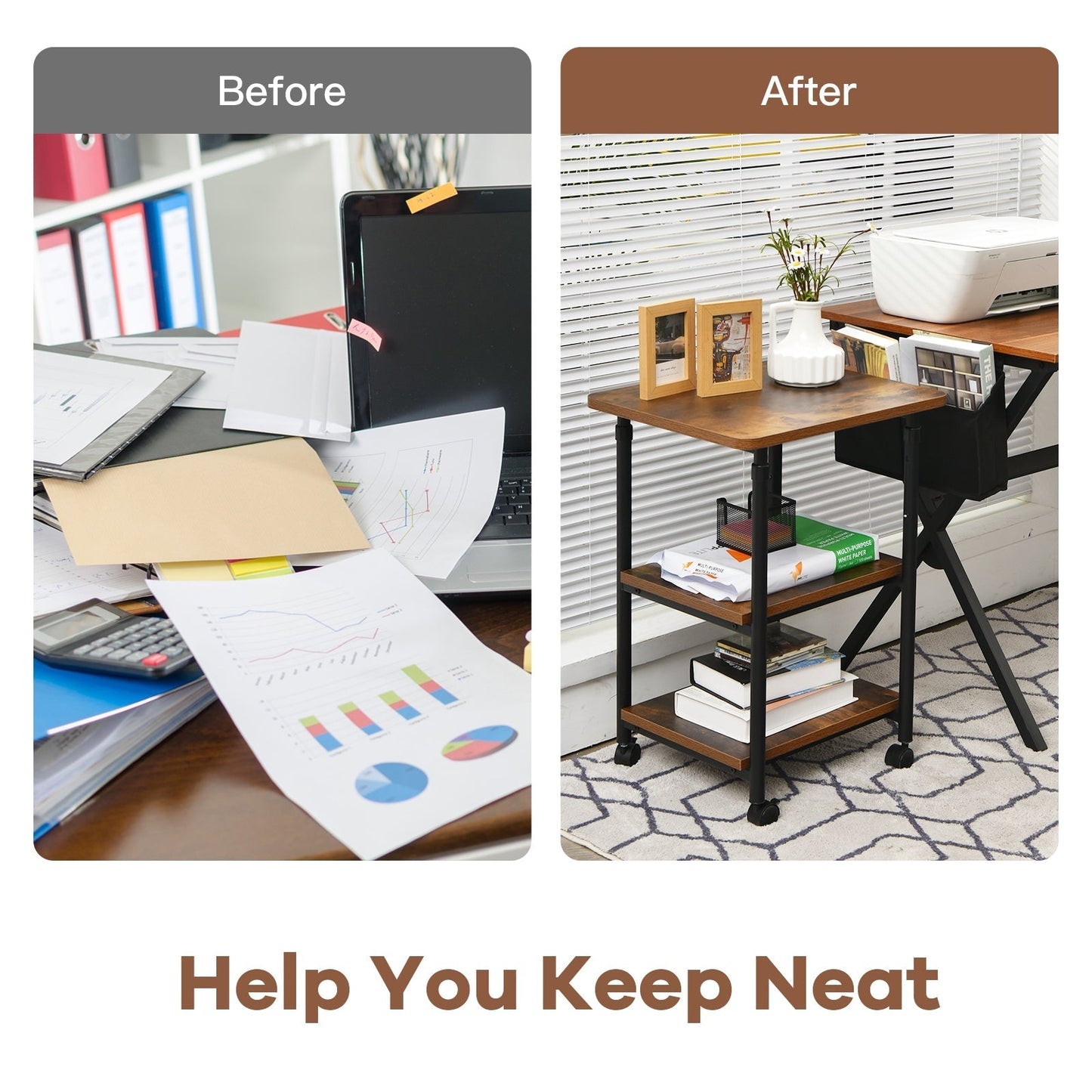 3-tier Adjustable Printer Stand with 360° Swivel Casters