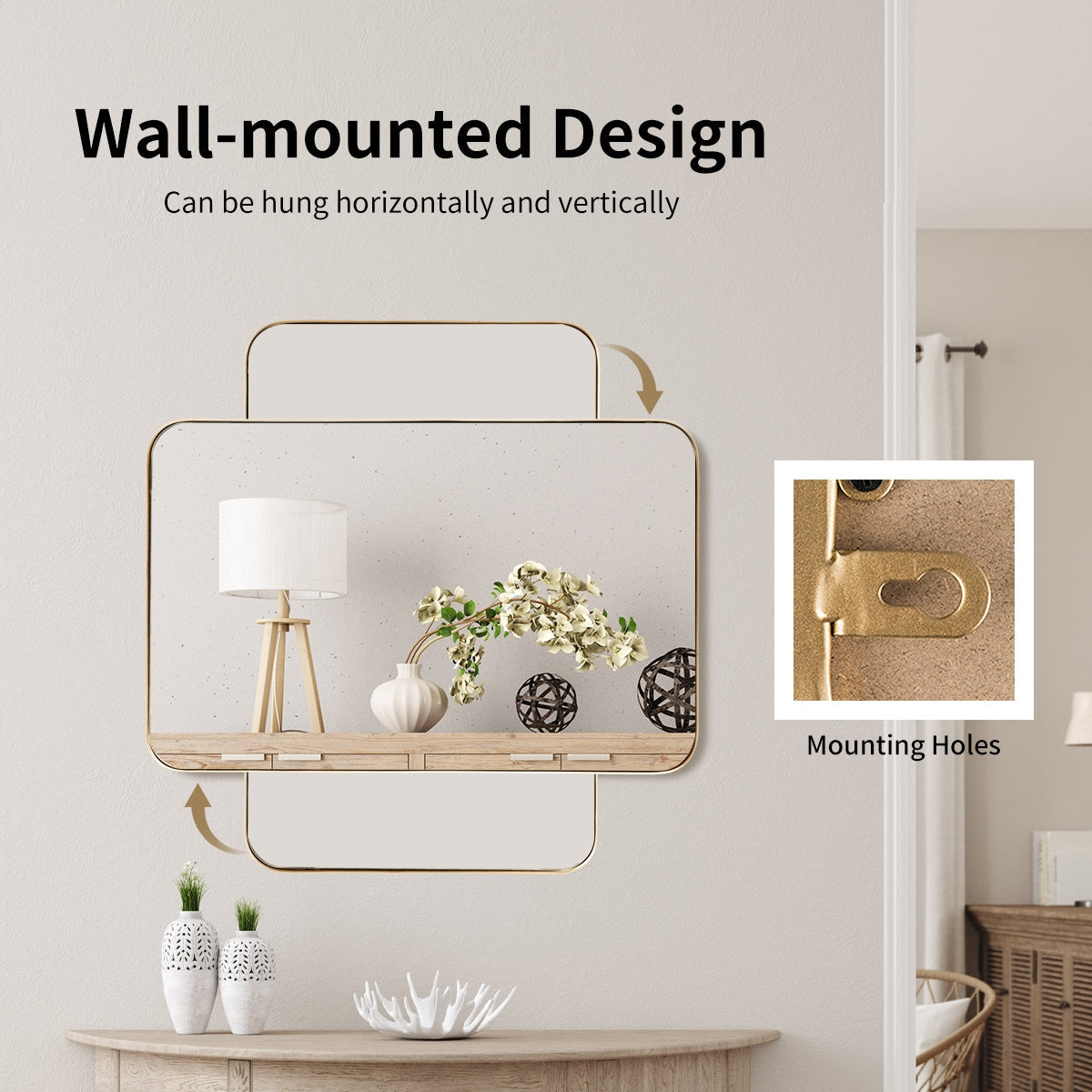32 Inch x 20 Inch Metal Frame Wall-Mounted Rectangle Mirror