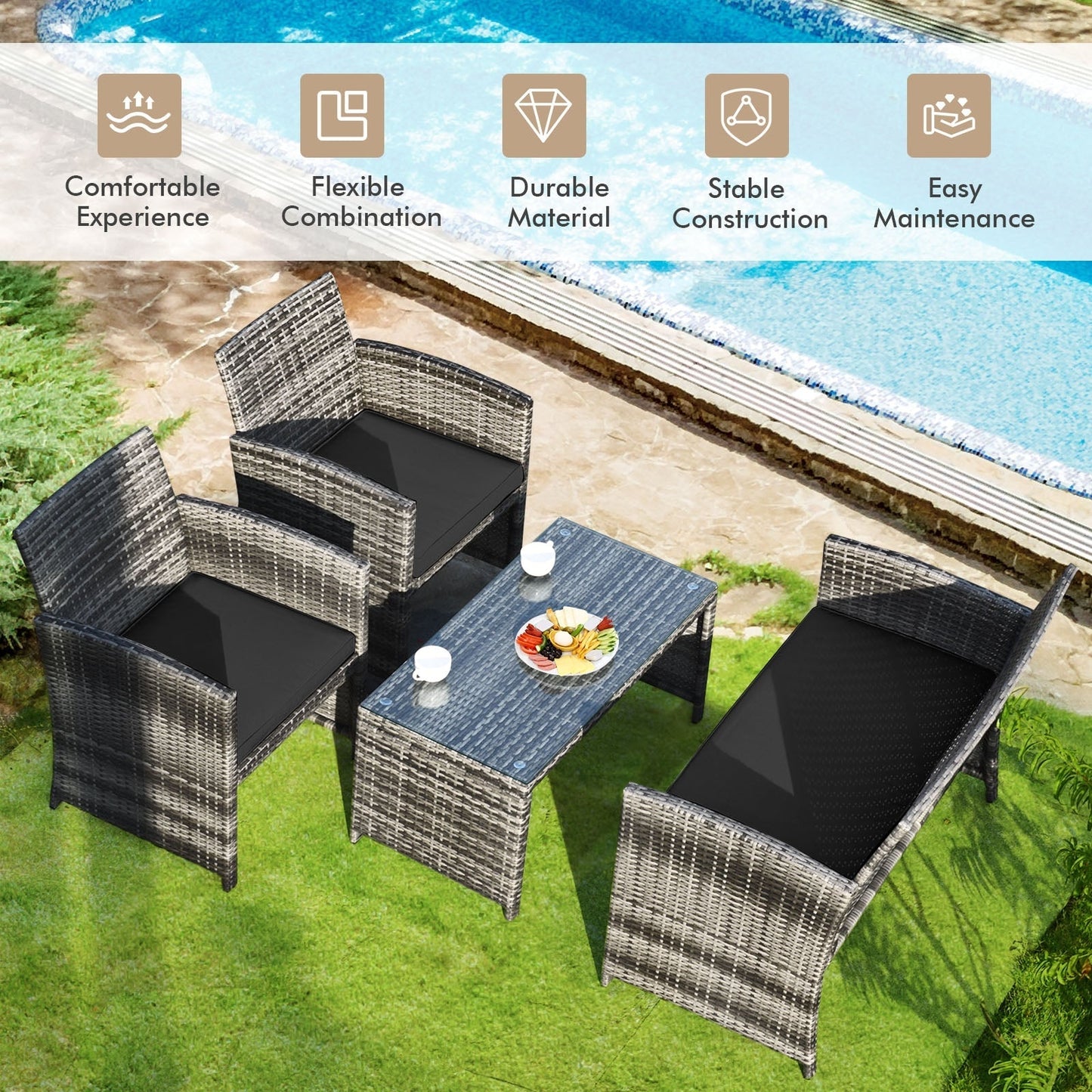 4 Pieces Patio Rattan Furniture Set with Glass Table and Loveseat-Gray