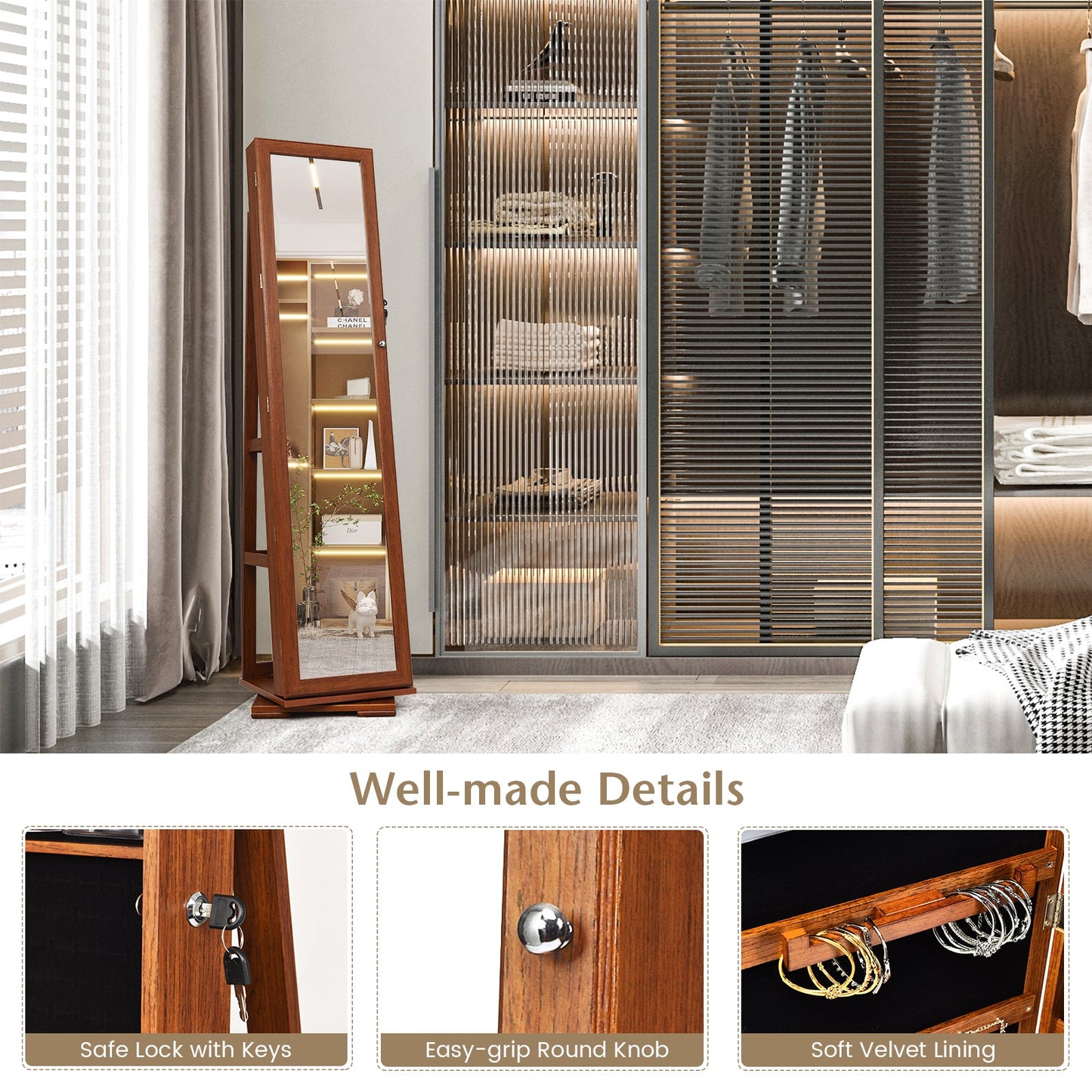 360° Rotatable 2-in-1 Lockable Jewelry Cabinet with Full-Length Mirror