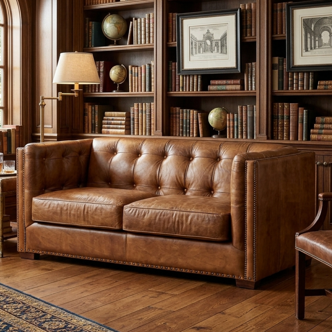 Tuxedo Leather Love Seat - Light Brown