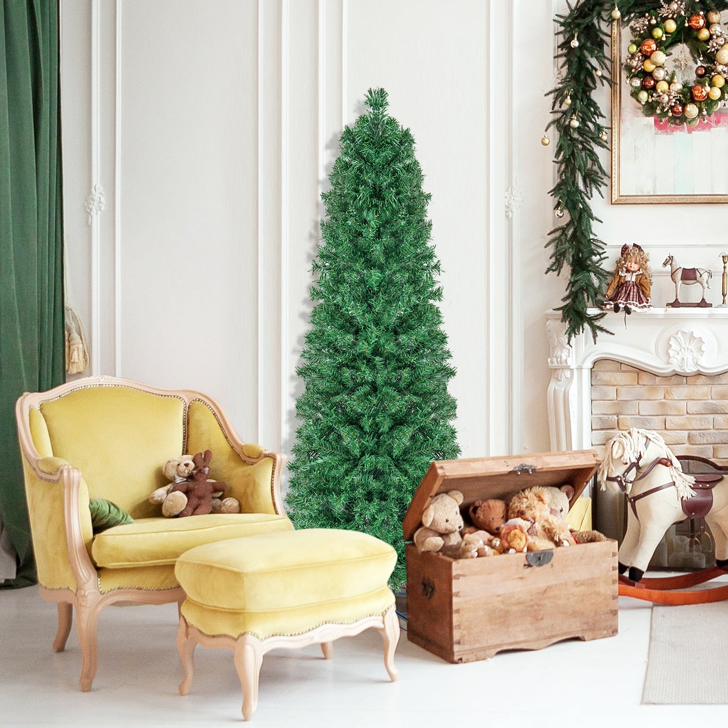 5/6/7/8 FT Pre-Lit Christmas Pencil Tree with Colorful Fiber Optics Green