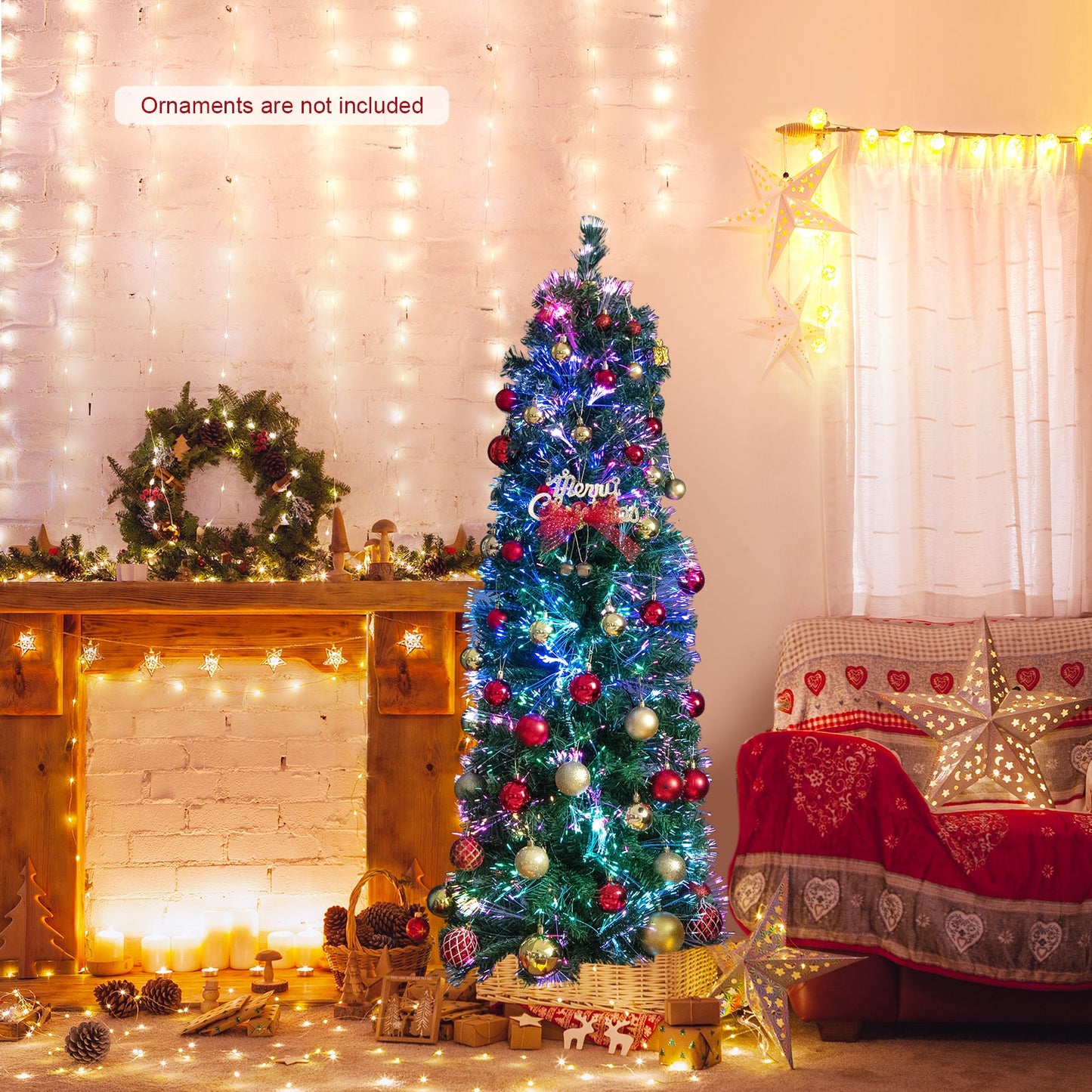 5/6/7/8 FT Pre-Lit Christmas Pencil Tree with Colorful Fiber Optics Green
