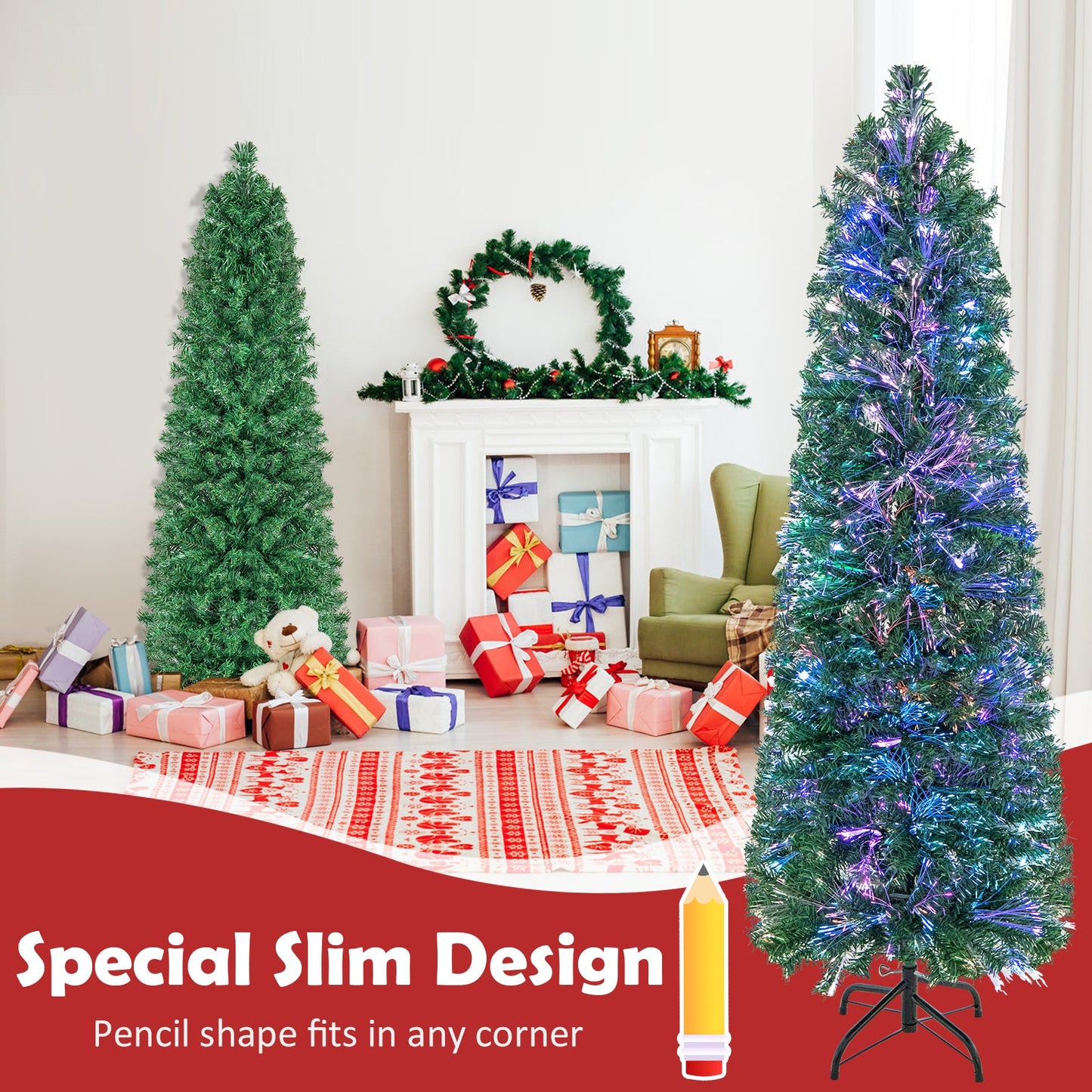 5/6/7/8 FT Pre-Lit Christmas Pencil Tree with Colorful Fiber Optics Green