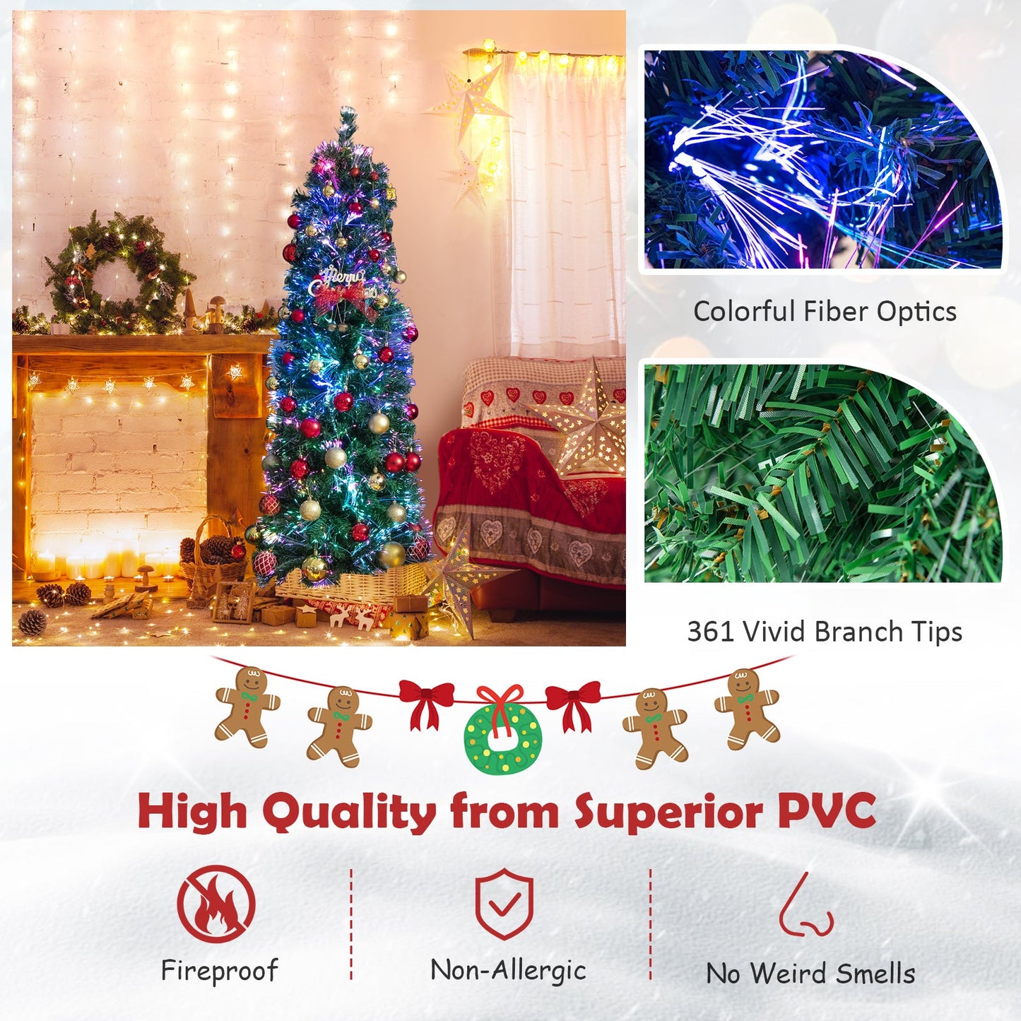 5/6/7/8 FT Pre-Lit Christmas Pencil Tree with Colorful Fiber Optics Green