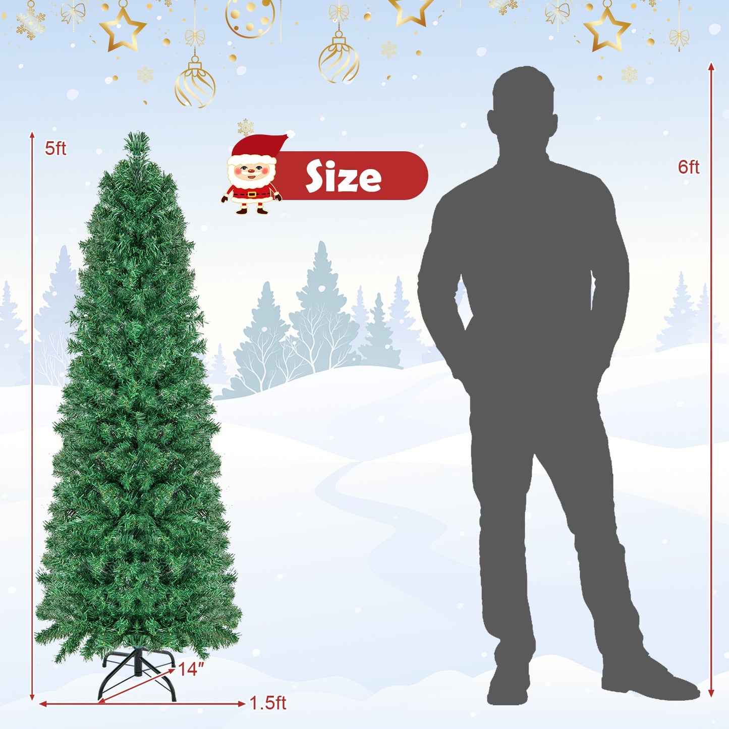 5/6/7/8 FT Pre-Lit Christmas Pencil Tree with Colorful Fiber Optics Green
