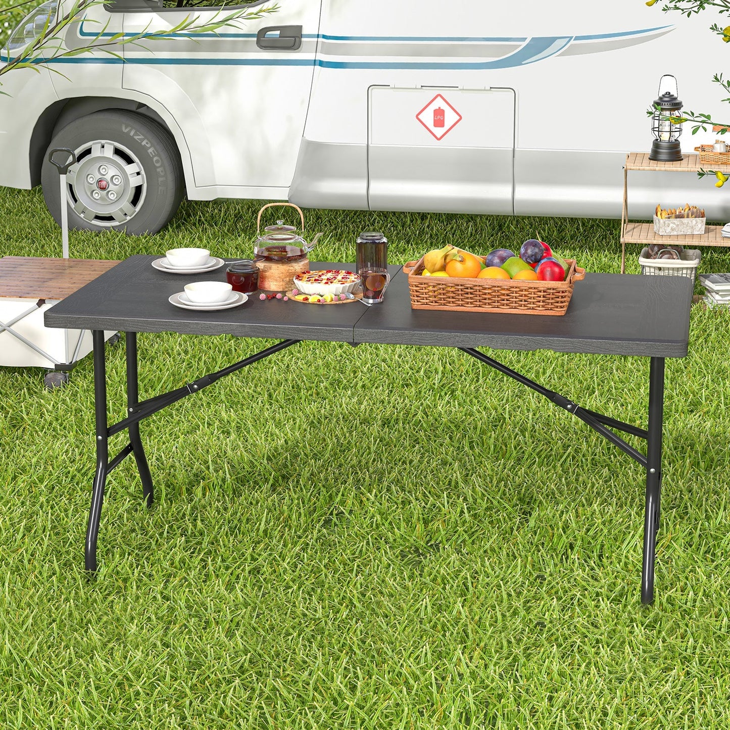 5FT Folding Picnic Table with Wood Grain HDPE Tabletop and Non-slip Foot Pads