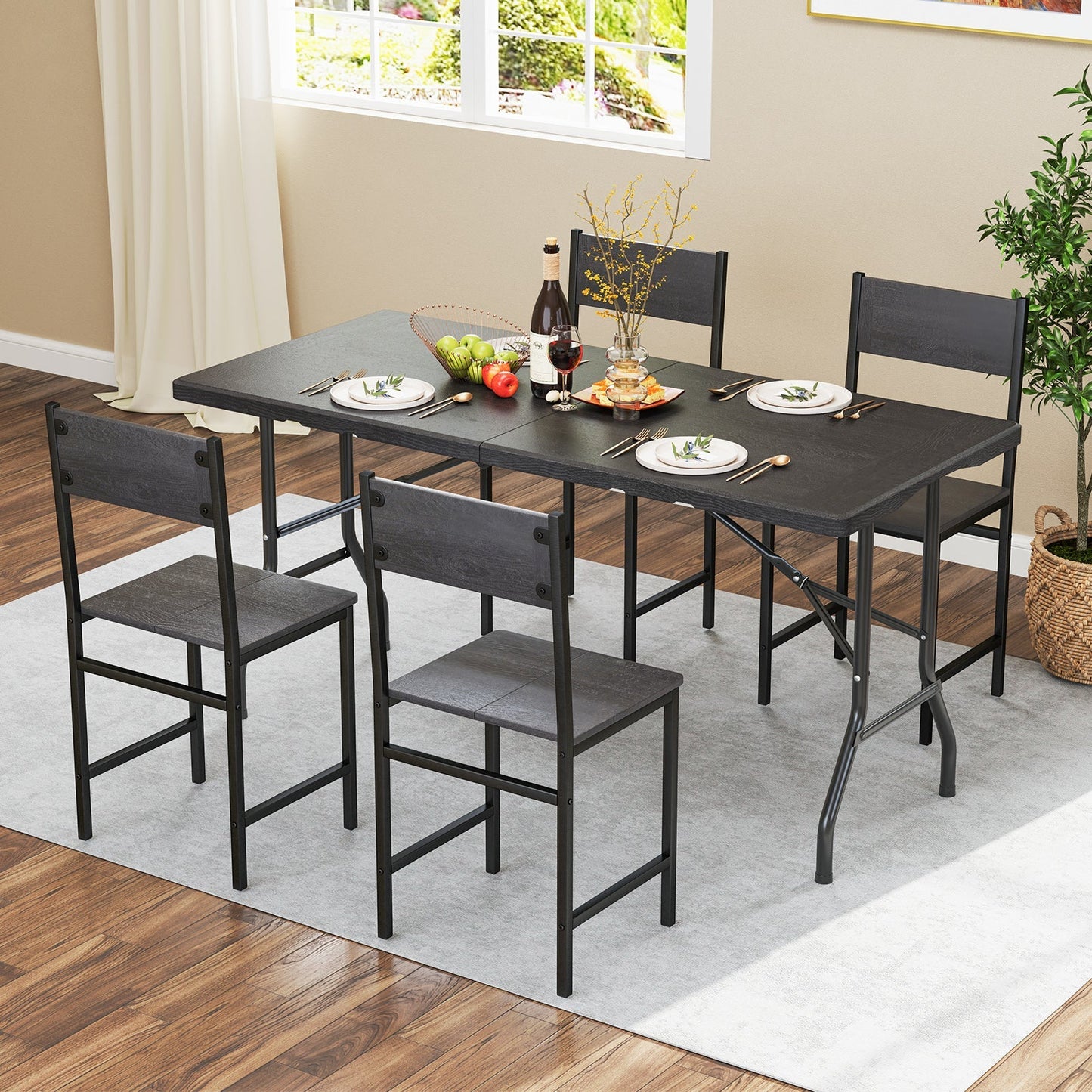 5FT Folding Picnic Table with Wood Grain HDPE Tabletop and Non-slip Foot Pads