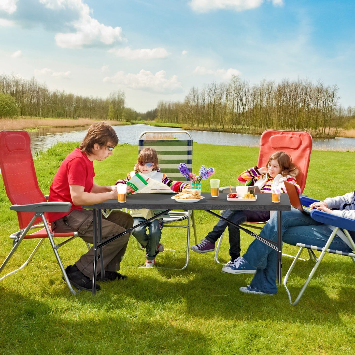 5FT Folding Picnic Table with Wood Grain HDPE Tabletop and Non-slip Foot Pads