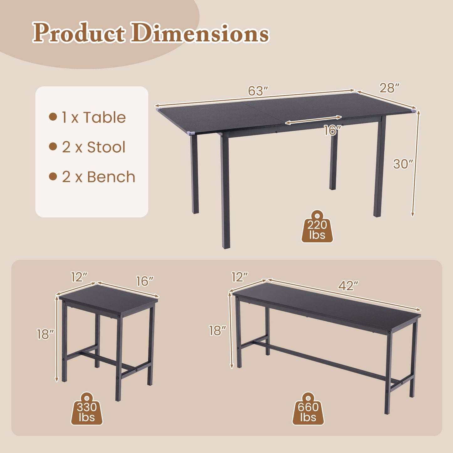 5 Piece Dining Table Set for 4-6 with 2 Benches & 2 Stools for Kitchen Dining Room