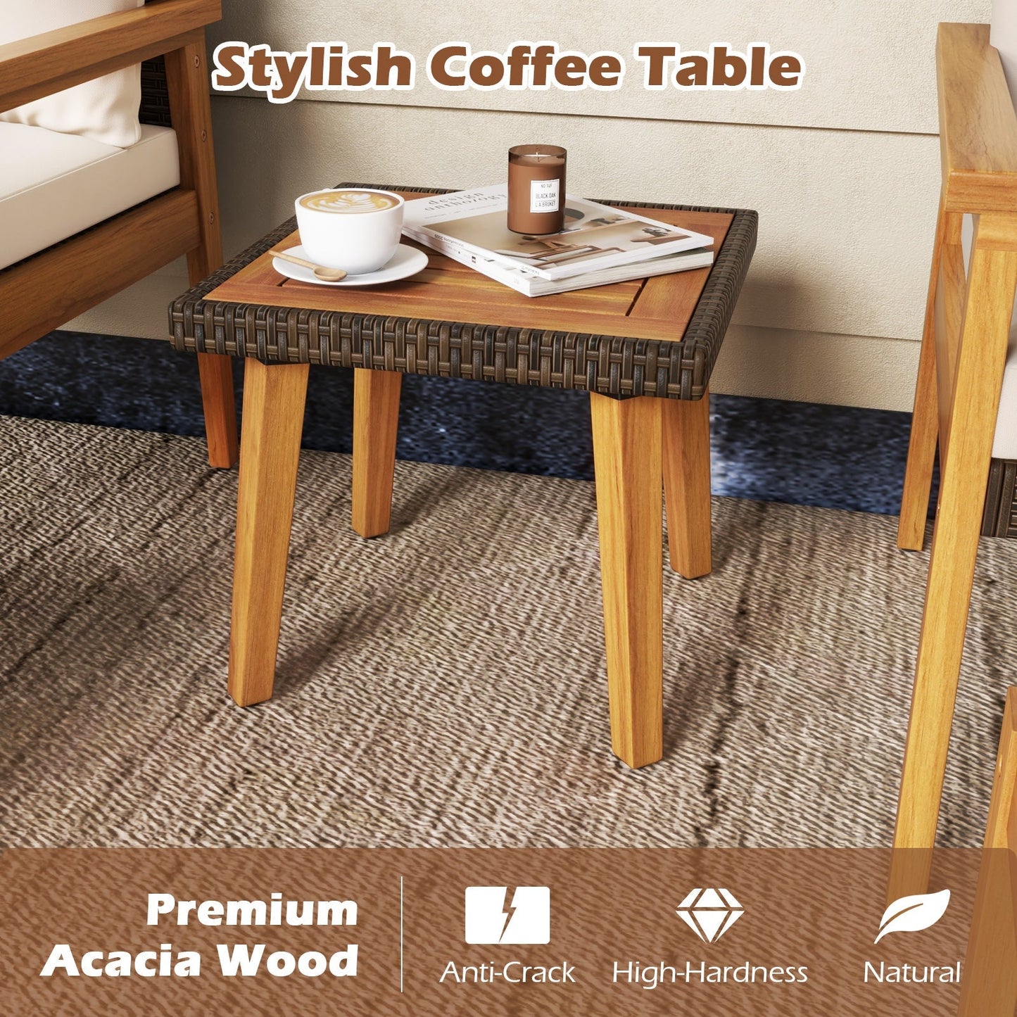 5 Piece Rattan Furniture Set with Square Coffee Table-White