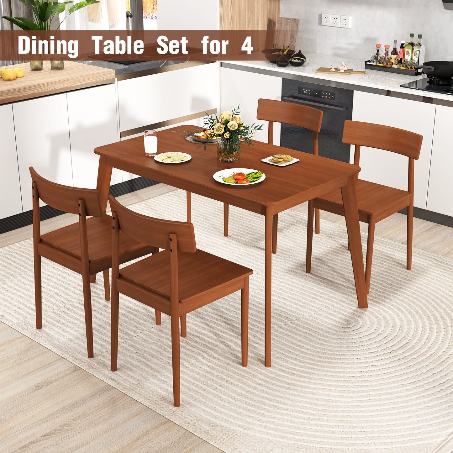 5 Piece Wood Dining Table Set with Rubber Wood Frame and 4 Chairs-Walnut