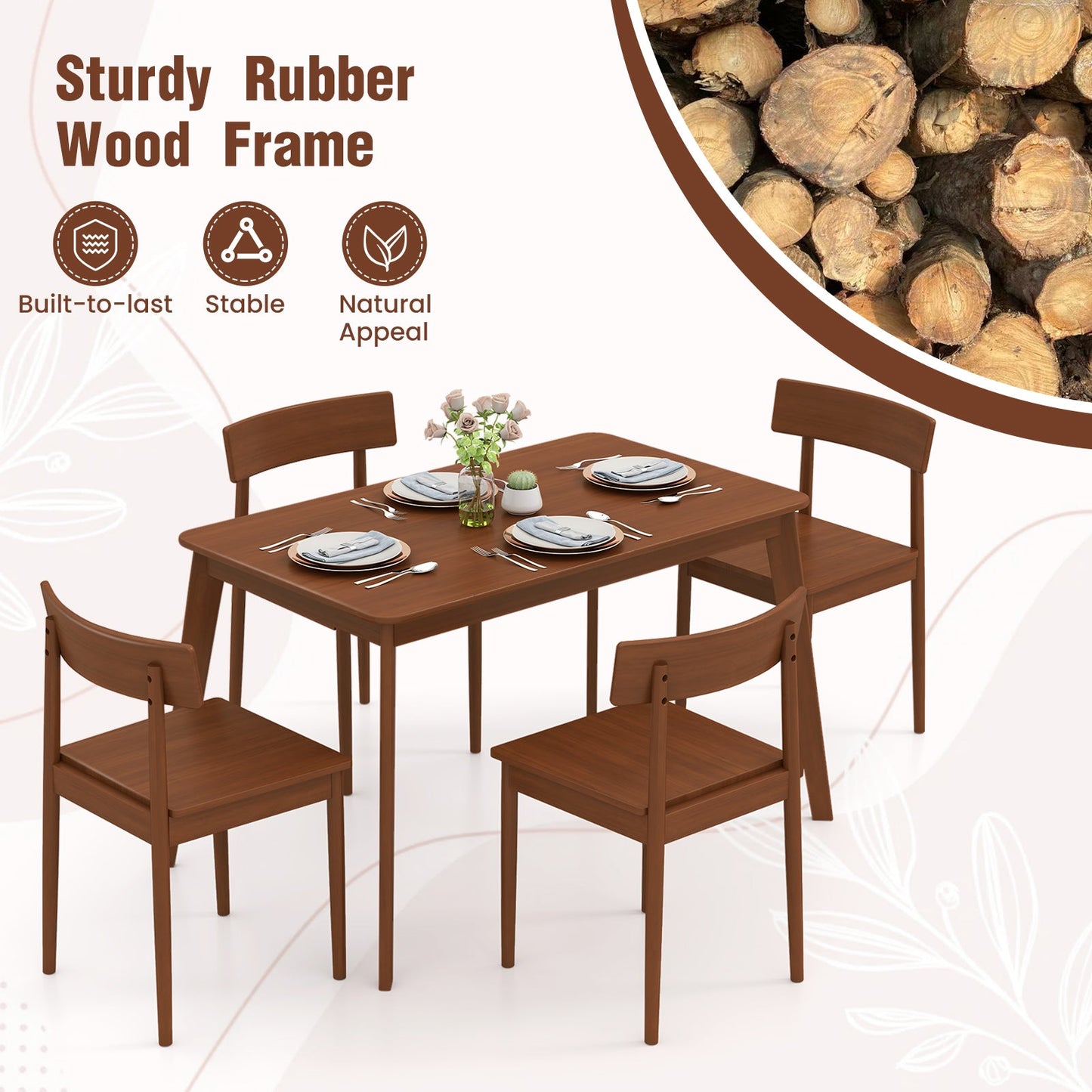 5 Piece Wood Dining Table Set with Rubber Wood Frame and 4 Chairs-Walnut