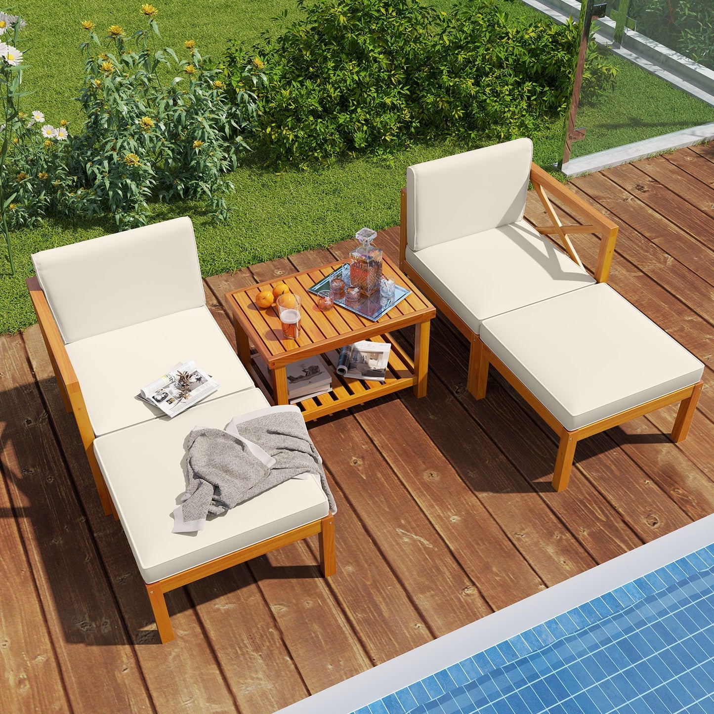 5 Pieces Acacia Wood Patio Lounge Chair Set with Ottomans and Cushions-White
