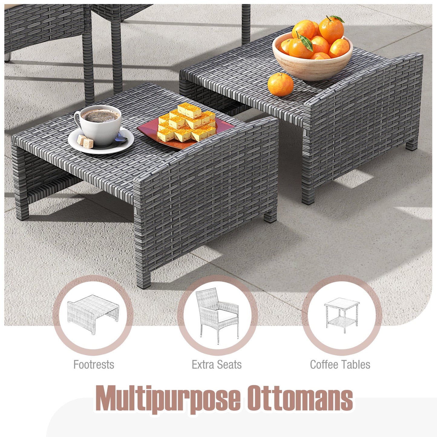 5 Pieces Patio Conversation Set with Soft Cushions and Ottomans-Beige