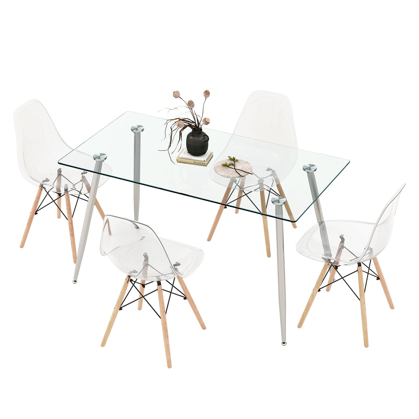 5 Pieces Rectangle Dining Table Set with 51 Inch Glass Tabletop