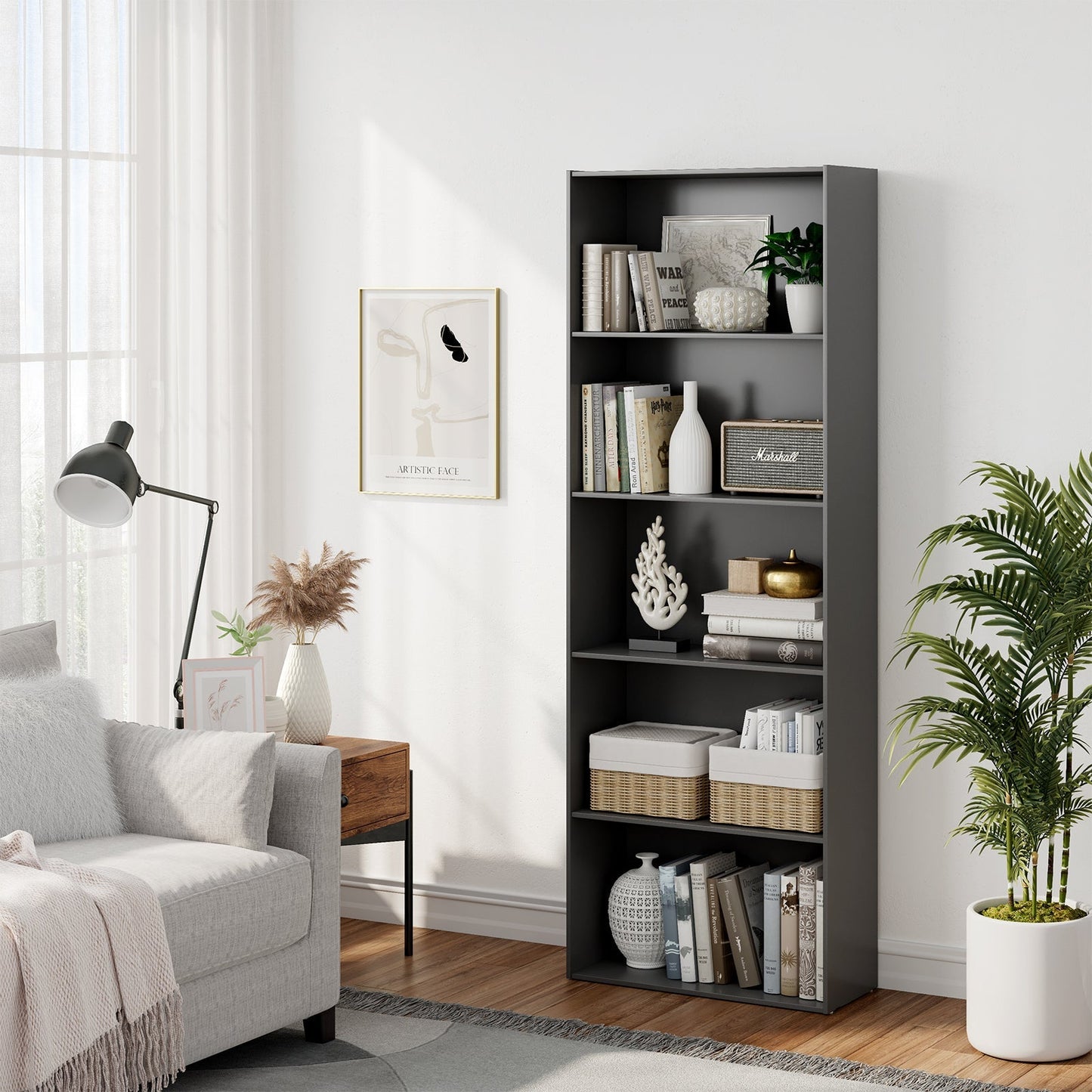 5-Shelf Storage Bookcase Modern Multi-Functional Display Cabinet