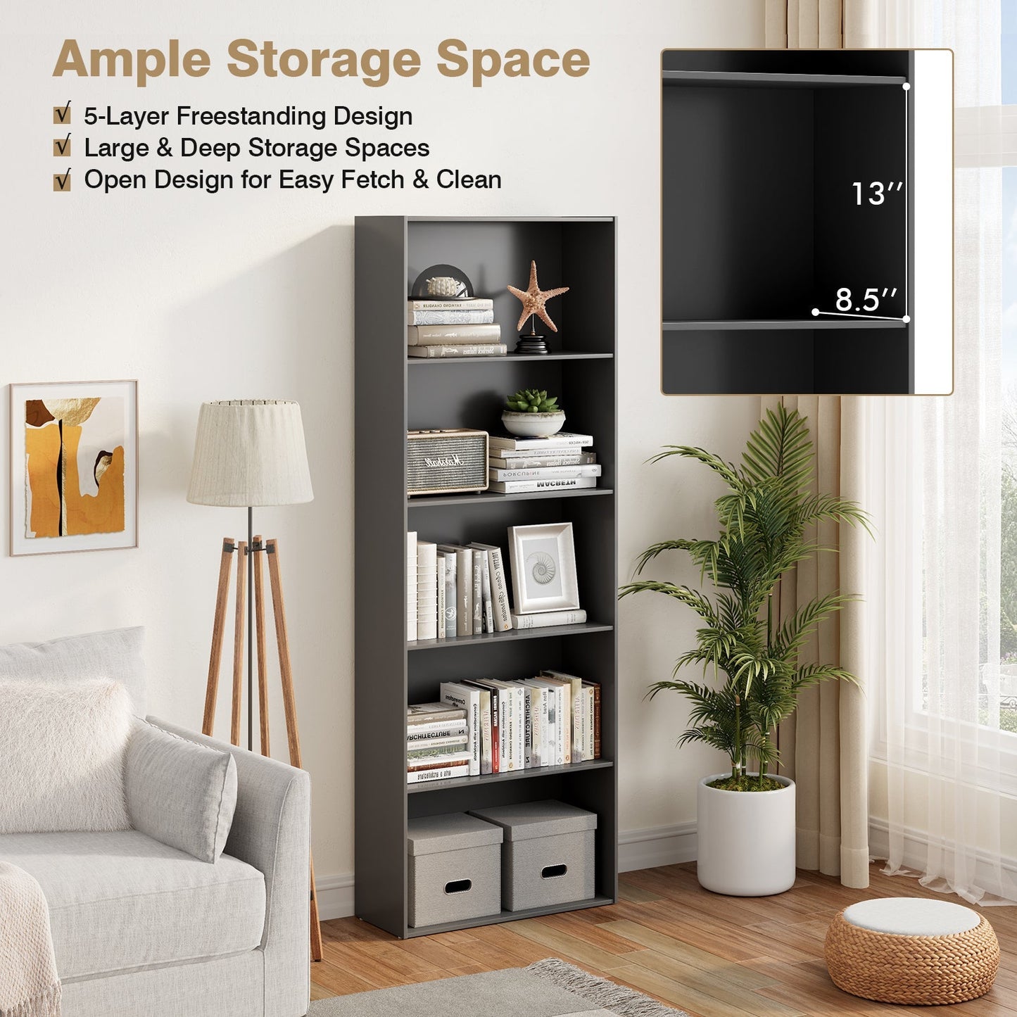 5-Shelf Storage Bookcase Modern Multi-Functional Display Cabinet