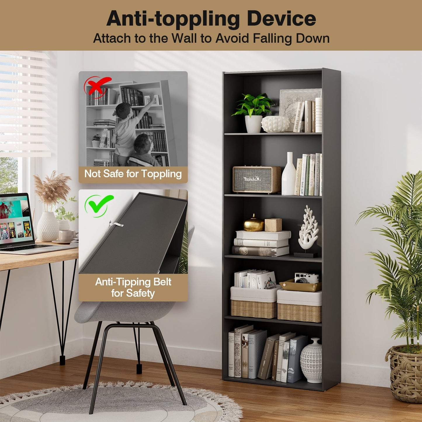 5-Shelf Storage Bookcase Modern Multi-Functional Display Cabinet