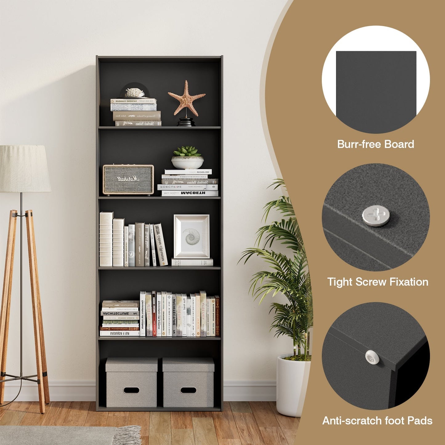 5-Shelf Storage Bookcase Modern Multi-Functional Display Cabinet