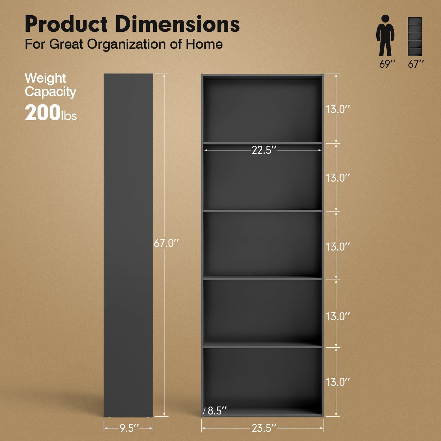 5-Shelf Storage Bookcase Modern Multi-Functional Display Cabinet