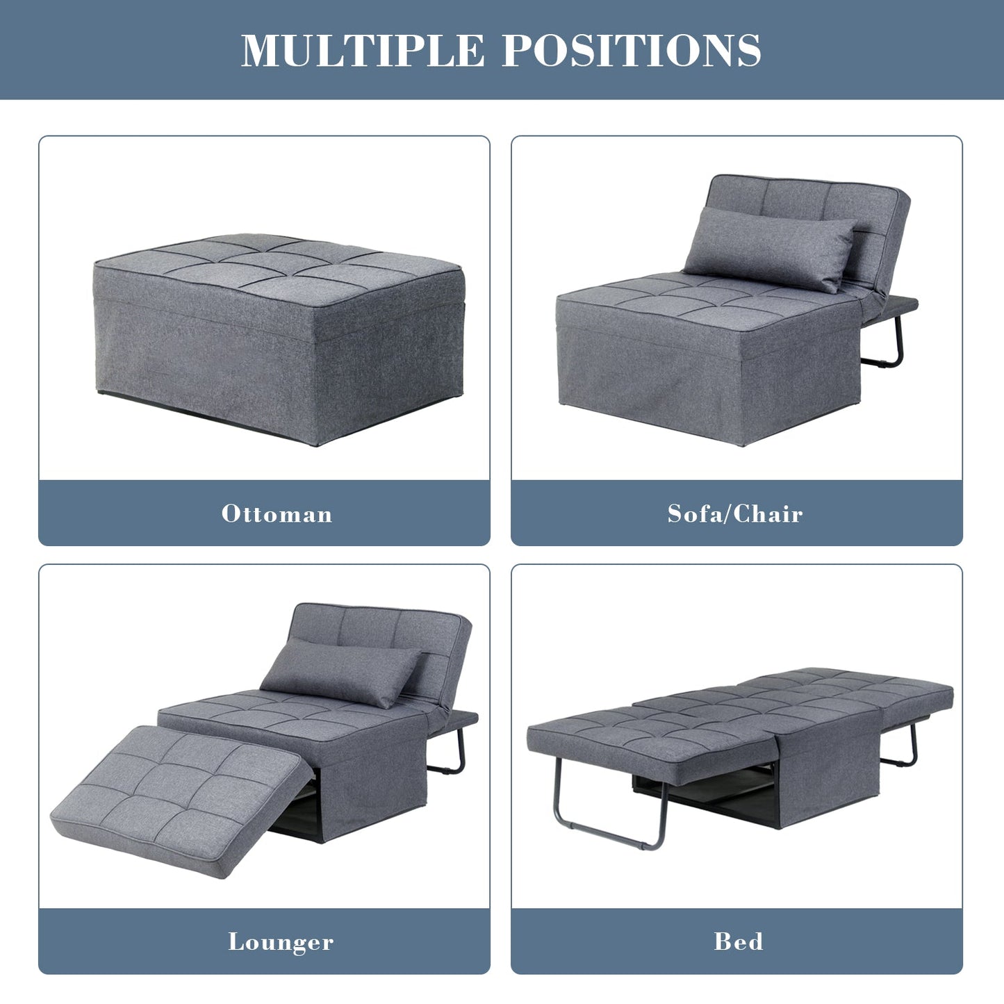 Ainfox Light Grey Convertible Sofa Bed,4-in-1 Multi-Functional Convertible Chair, Folding Sofa