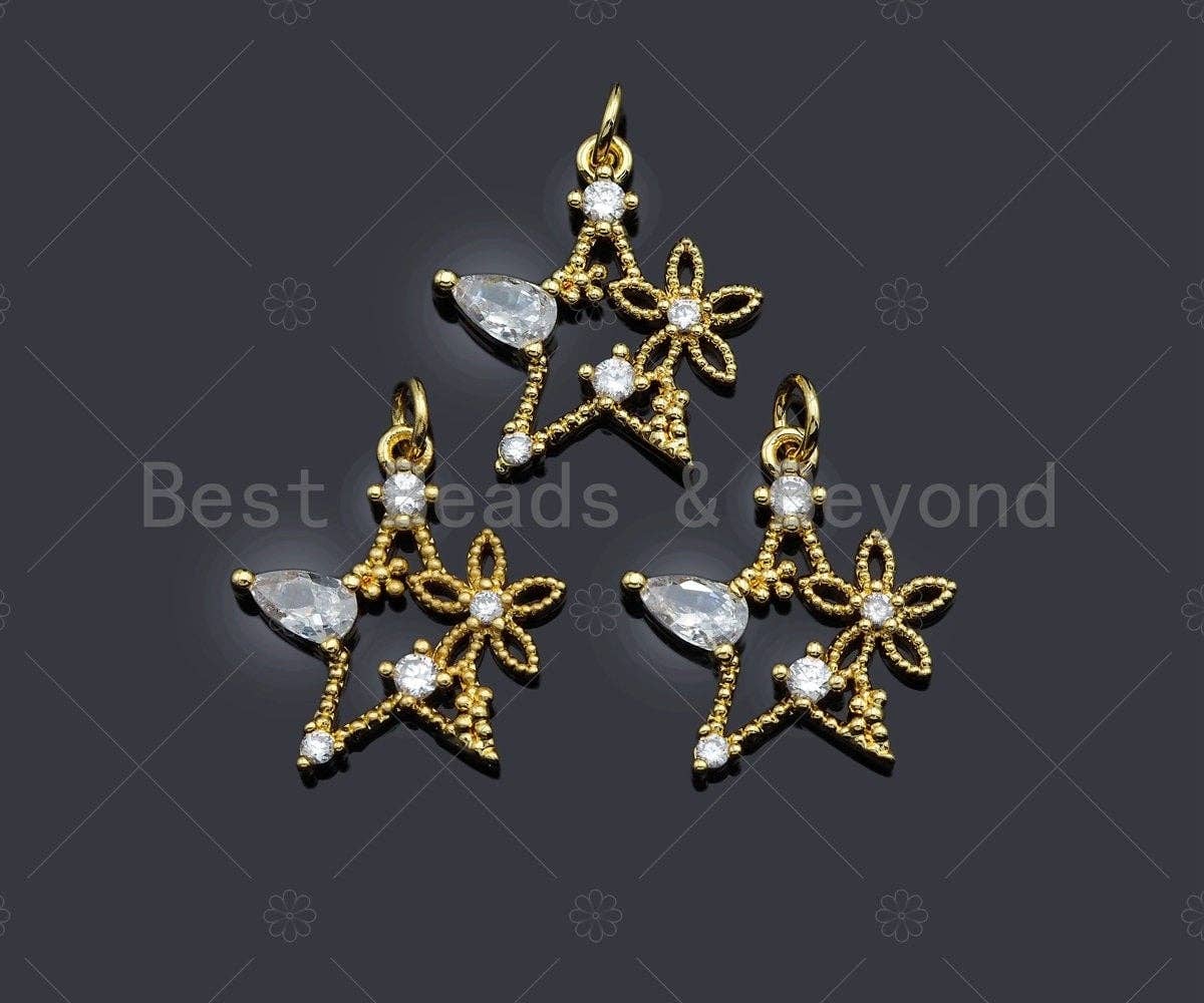 CZ Micro Pave Flower On Star Charm/Pendant, Star Shape Charm, Gold Star Pendant, Gold plated charm, mm, Sku#JL08