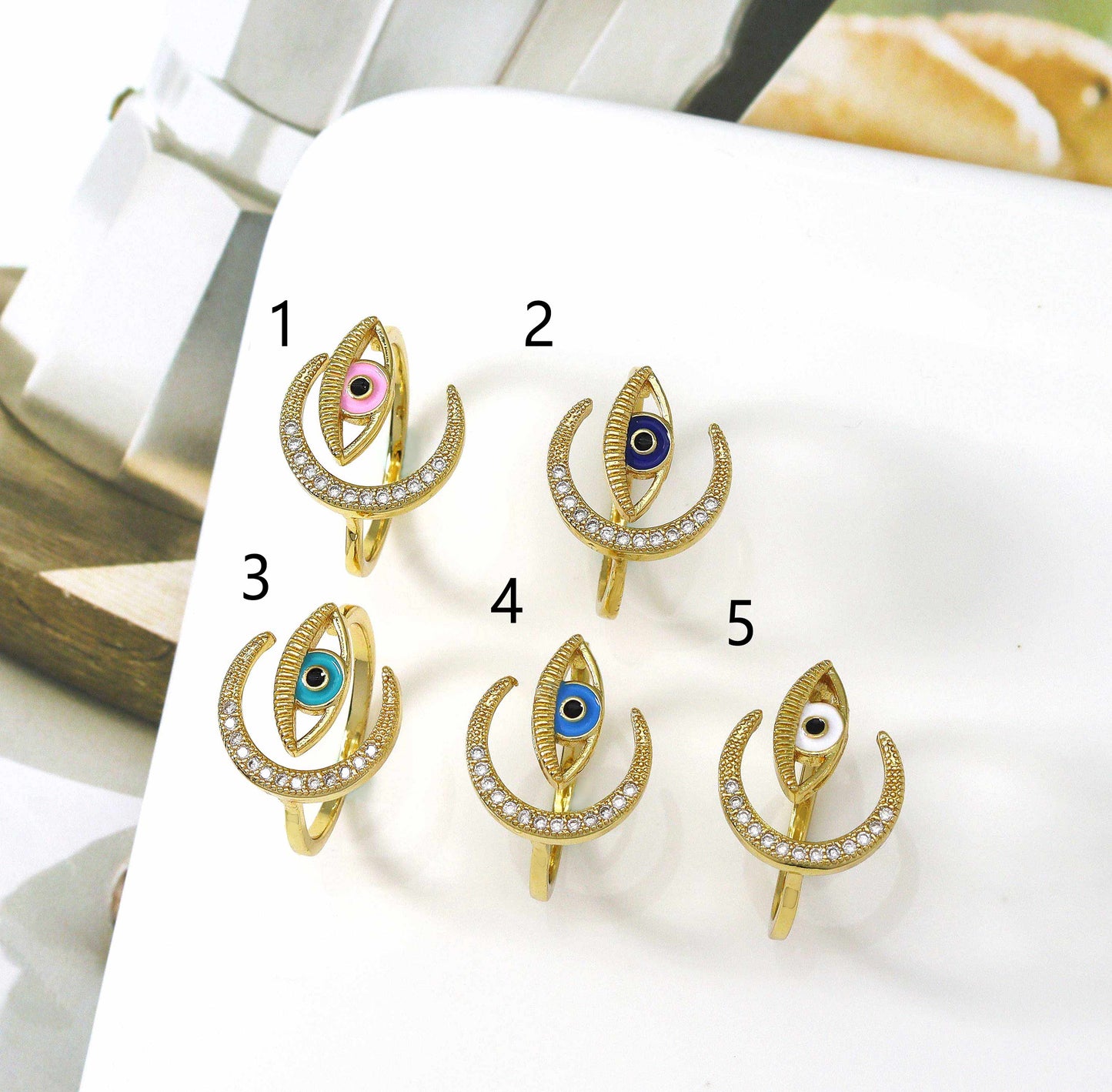 CZ Gold Enamel Evil Eye Cresent Moon Ring, Sku#JL133