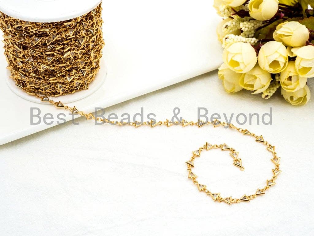 1 Foot/Yard-CZ Beaded Chain-5mm Triangle CZ Beads-Gold Silver Rose Gold Gunmetal Plated Bezel Chain,Bezel Connector Beads,sku#E366