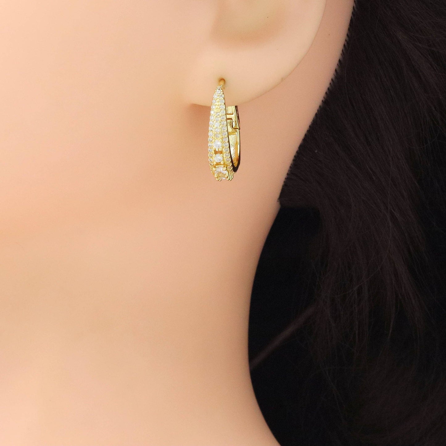 Square CZ Oval Drop Hoop Earrings, Sku#LD642