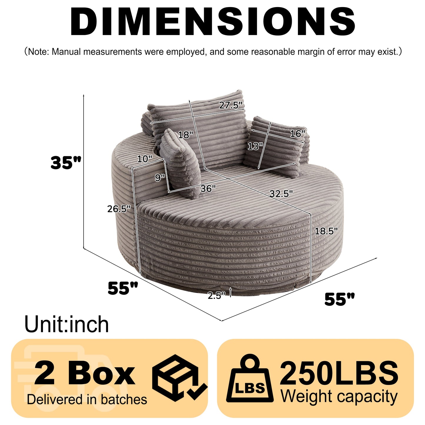 55'' Corduroy Foam Single Swivel Chair