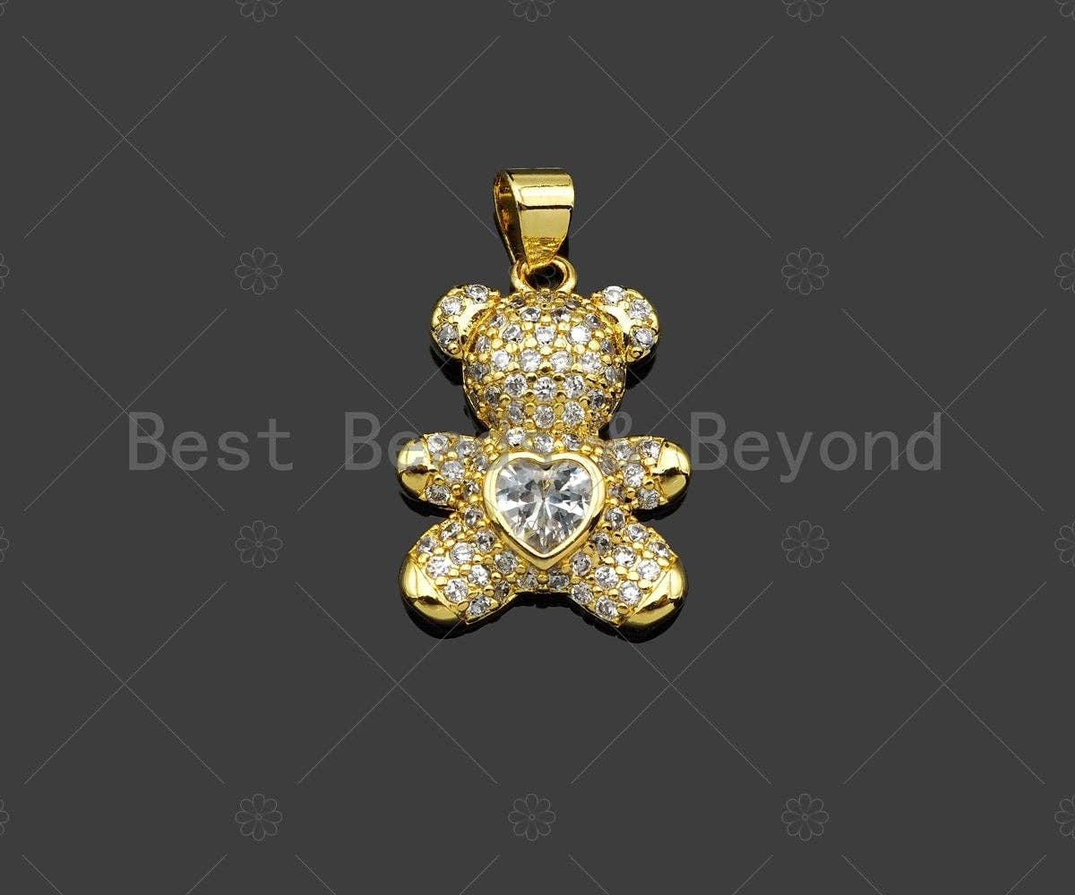 CZ Micro Pave Colorful Heart On Teddy Bear Pendant/Charm, Colorful Cubic Zirconia Charm, Necklace Bracelet Charm Pendant,20x15mm, Sku#LK216