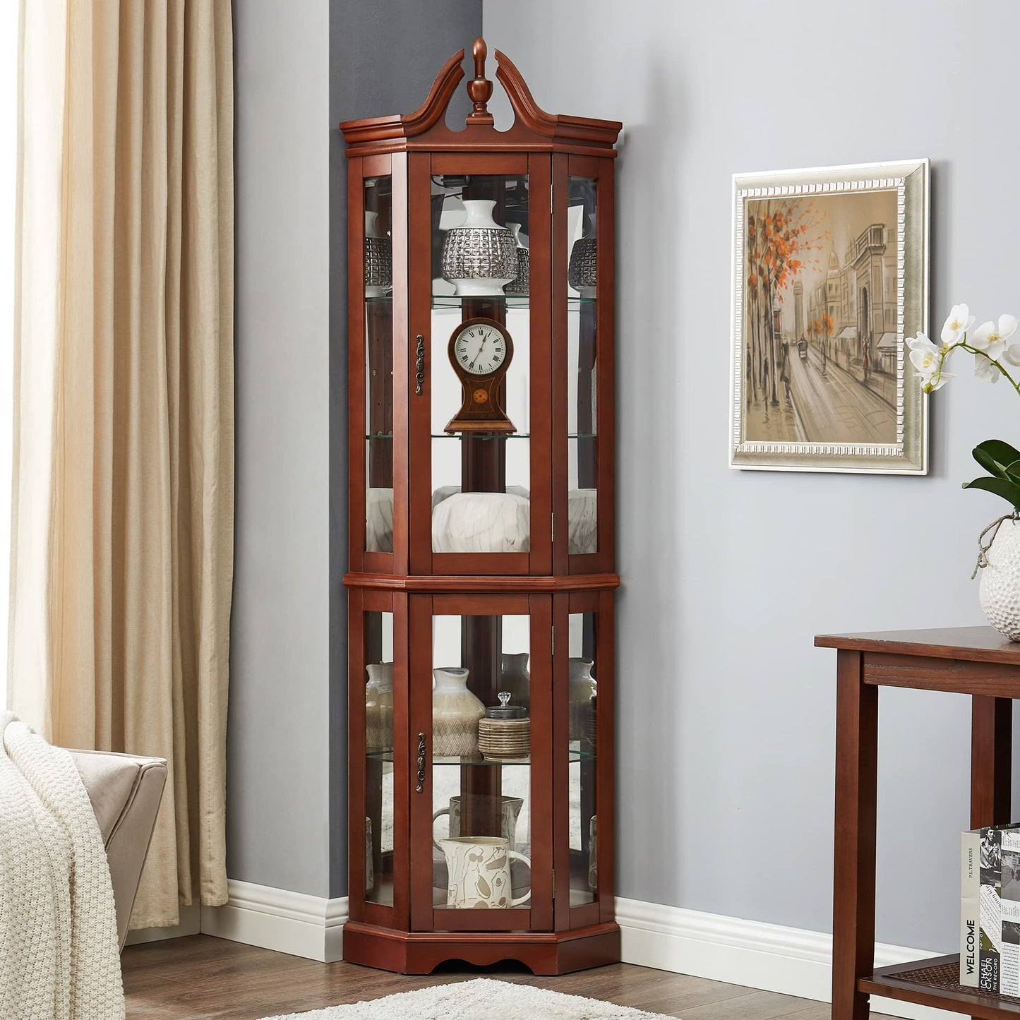 Walnut Corner Curio Cabinet with Lights