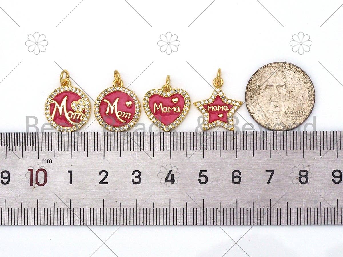 Colorful Enamel Mom Word On Round/Five Star/Heart Shape Pendant, 18K Gold Filled Micro Pave CZ Charm,Mother's Day Charm,14x17mm,Sku#L585