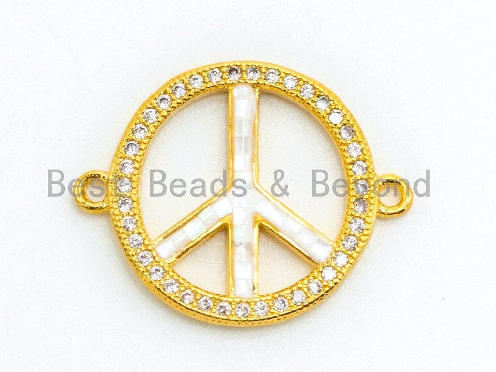 CZ Micro Pave Sign Peace Sign Connector with Mop Shell, Cubic Zirconia Space Connector, CZ mother of pearl Charm 18x23mm, 1pc,SKU#Z31
