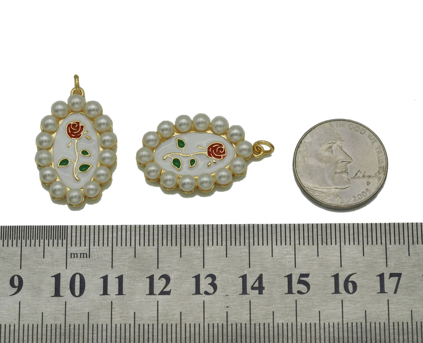 Gold Enamel Pearl Rose On Oval Charm, Sku#L685