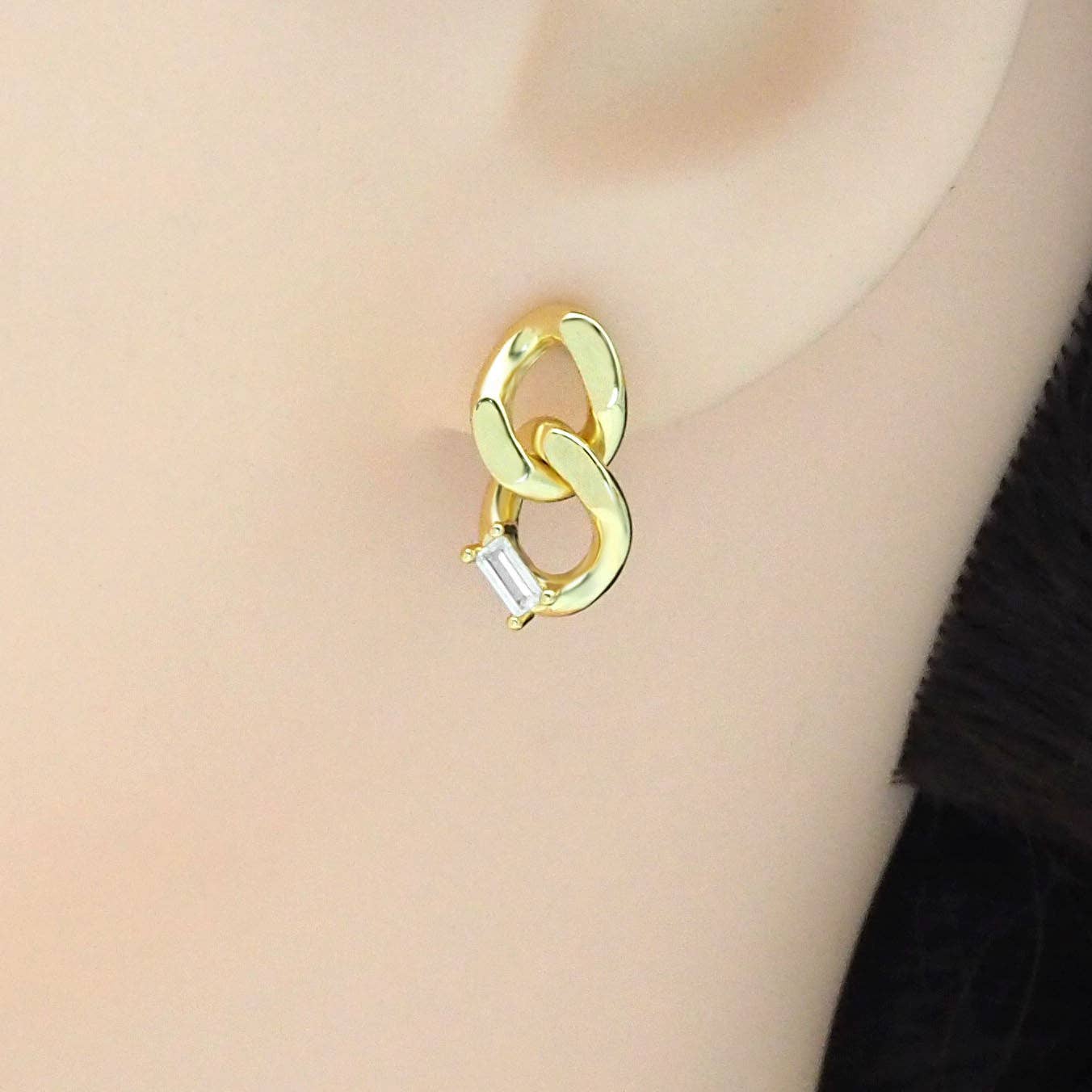 Gold CZ Oval Link Chain Stud Earrings, Sku#LK854