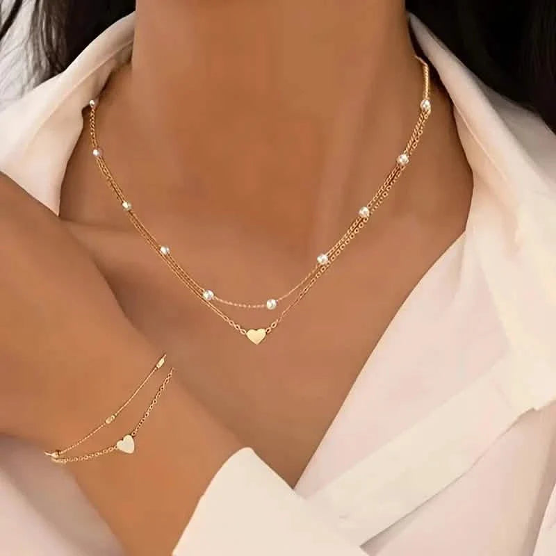Ensemble collier et bracelet 3 pièces Cœur pour femme