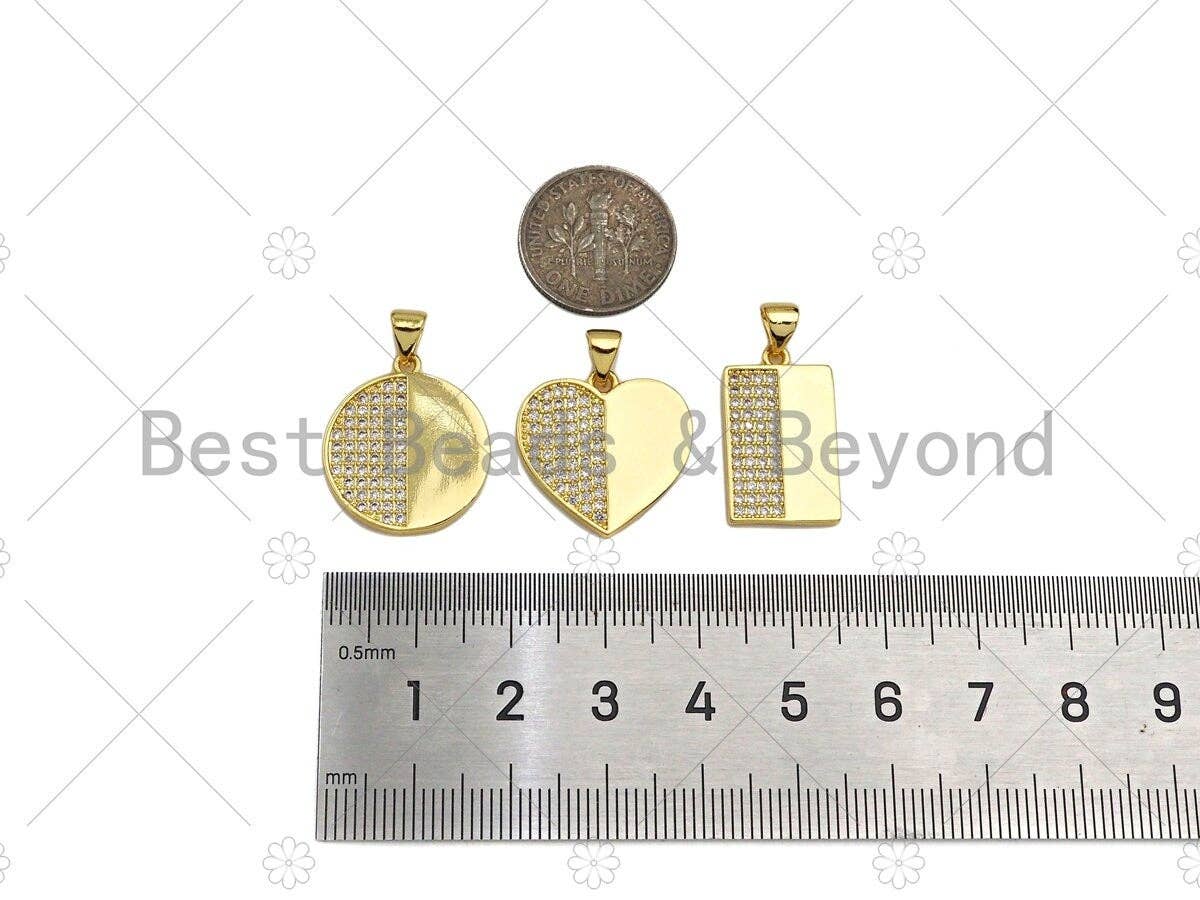 CZ Micro Pave Round/Heart/Rectangle Pendant/Charm,Half CZ Medallion Charm, Necklace Bracelet Charm Pendant,18x20/19x19/12x21mm, Sku#LK244
